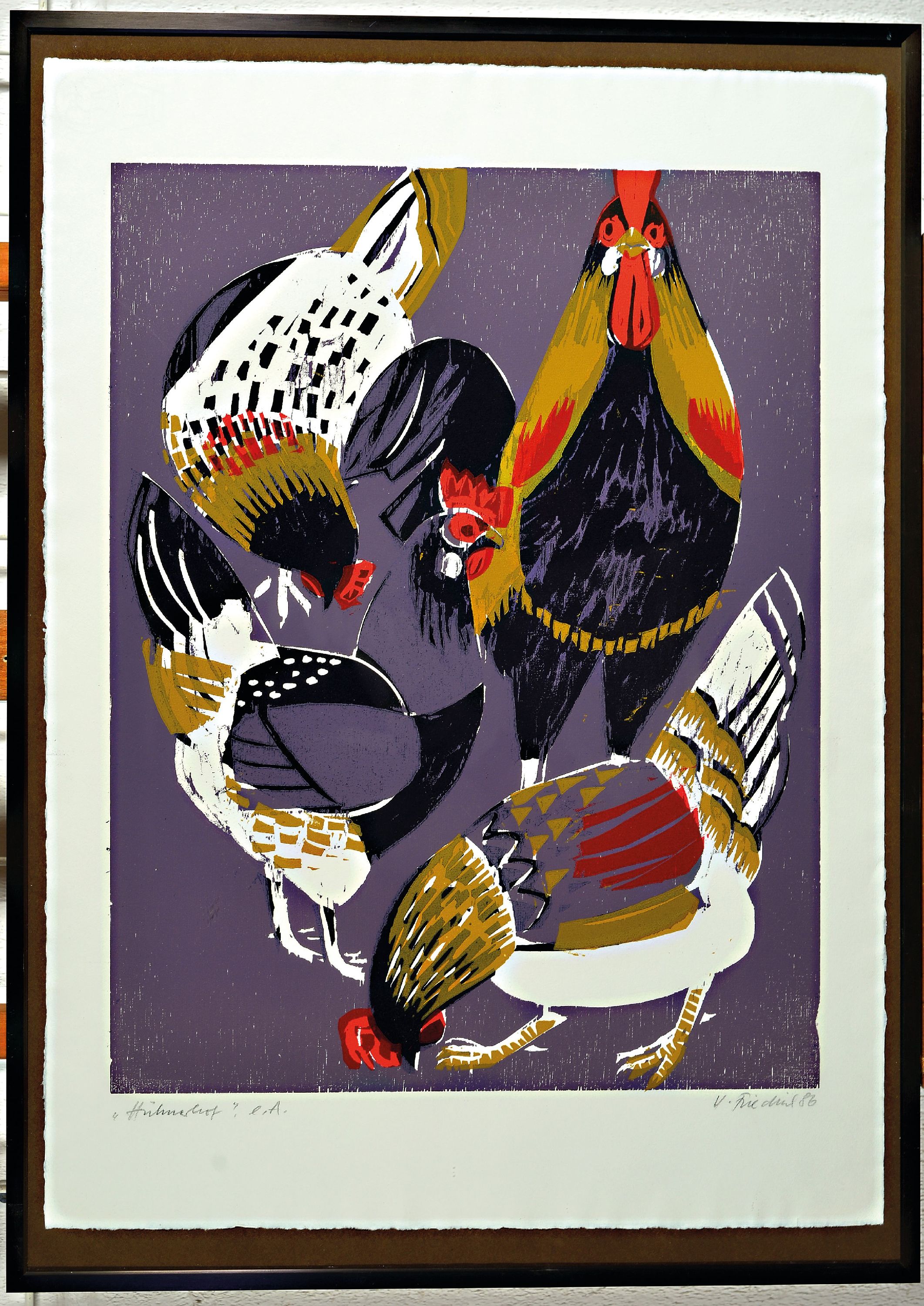 Detail k: Heinz Friedrich, 1924-2018 Schwetzingen, 2 Farbholzschnitte: Hühnerhof, sign. und dat. 86, bez. e.a., ca. 52x40cm, u.Gl., R. ca. 71x51cm; Truthahn ...