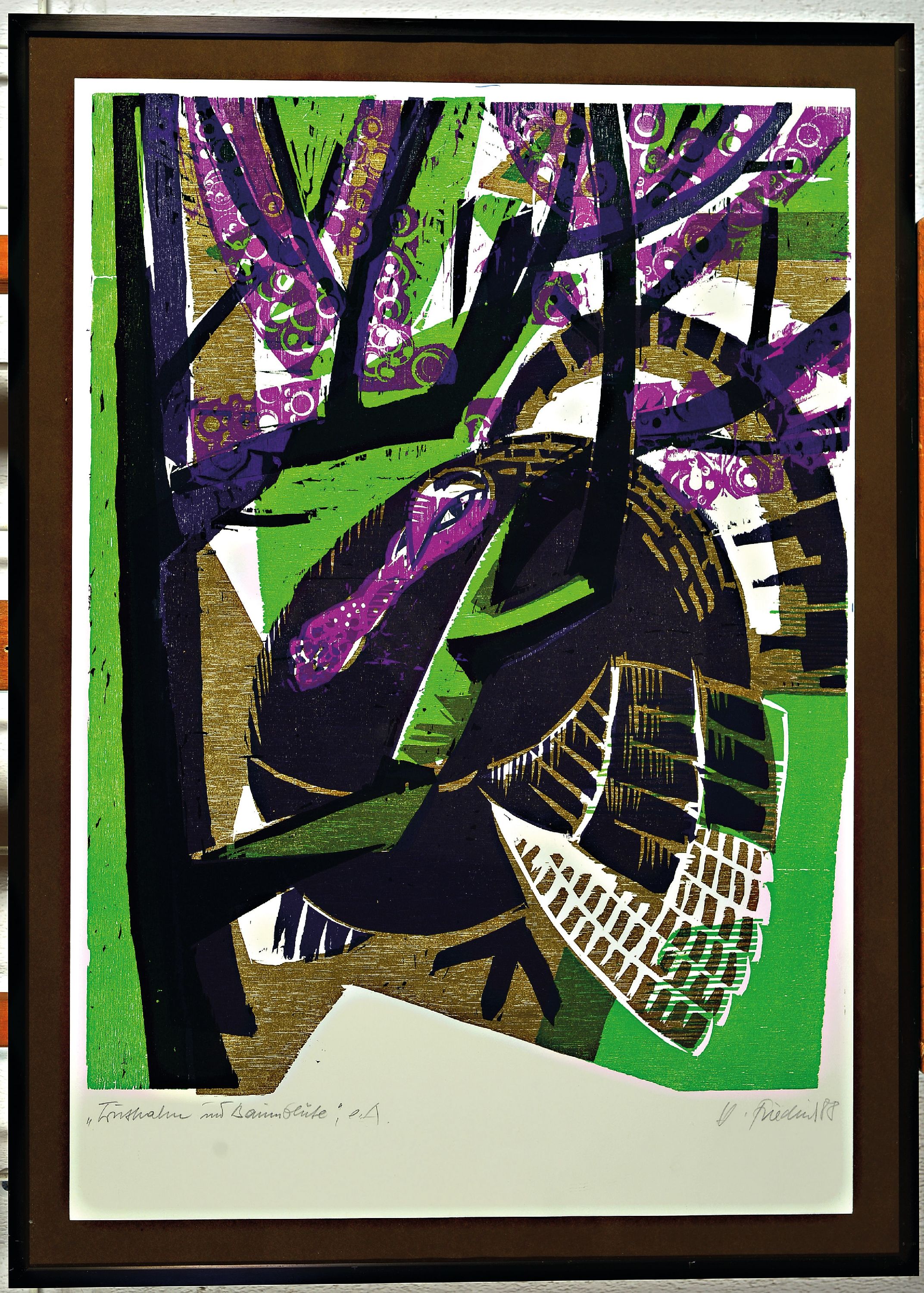 Detail l: Heinz Friedrich, 1924-2018 Schwetzingen, 2 Farbholzschnitte: Hühnerhof, sign. und dat. 86, bez. e.a., ca. 52x40cm, u.Gl., R. ca. 71x51cm; Truthahn ...