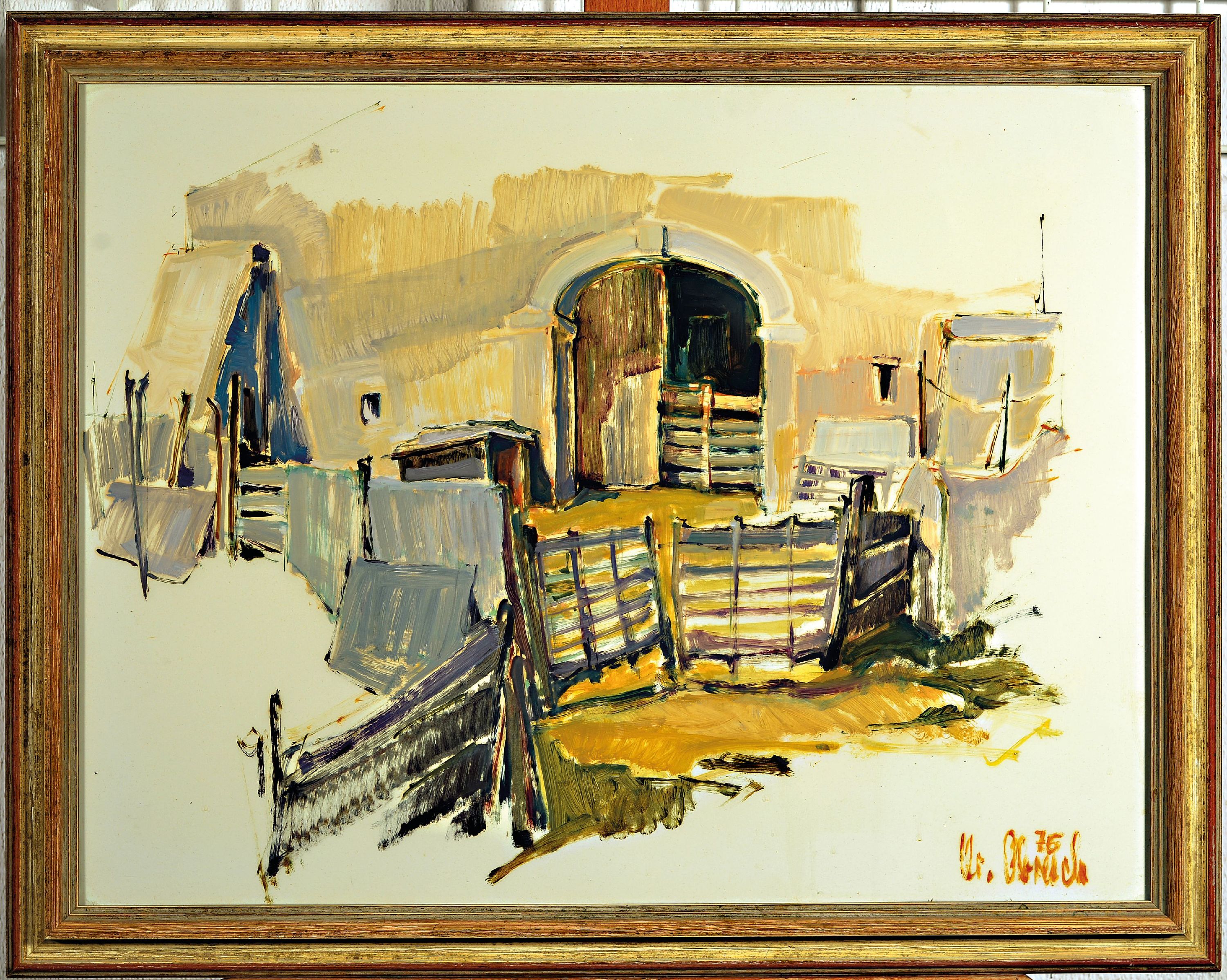 Detail k: Christel Abresch, 1931 Sulzbach-2011 Neustadt a.d. Weinstr., Ländliche Gehöft-Idylle, Gouache auf Papier, signiert und dat. 76, ca. 47x60cm, u.Gl., ...