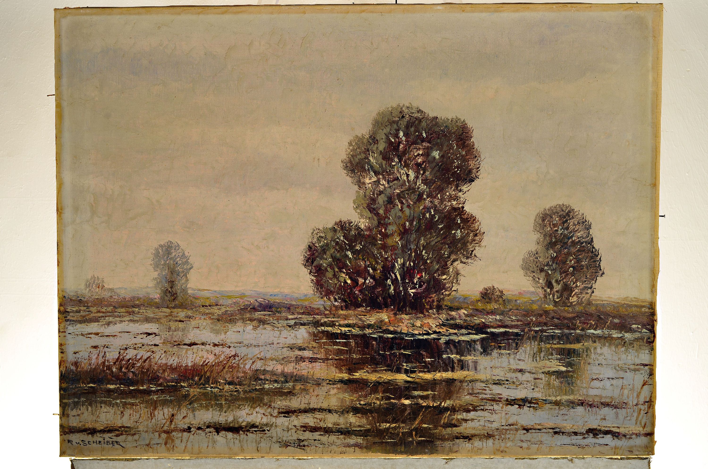 Detail k: R. von Scheiber, Maler um 1900, weite Moorlandschaft mit Weiden, Öl/Lwd, links unten signiert, ca. 60x80cm, R. ca. 77x97cm