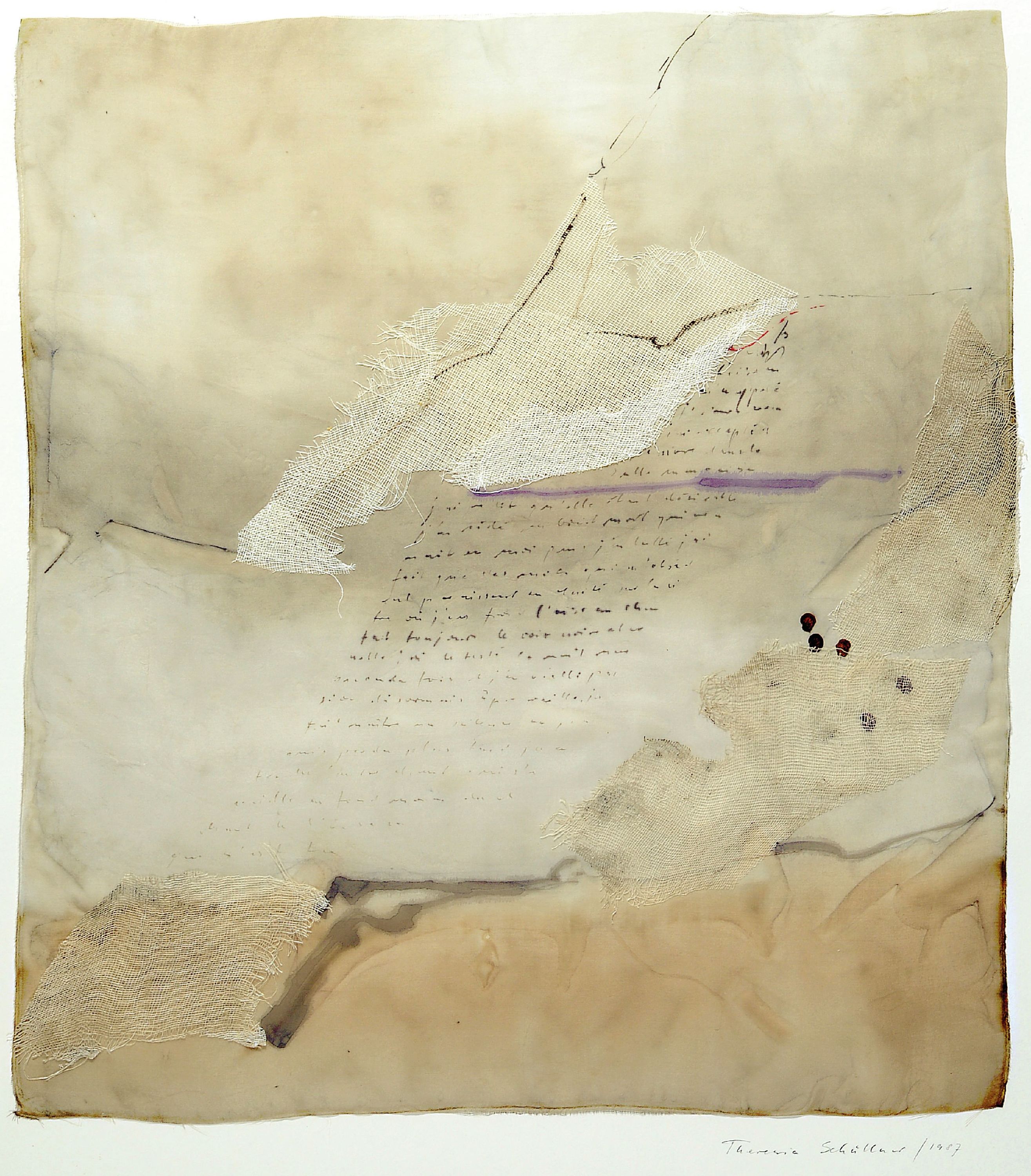 Theresia Schüllner, geb. 1937 Düsseldorf, L'oiseau m'appelé-Der Vogel weckt mich, Aquarell und Gaze-Collage auf Seide, sign. und dat. ...