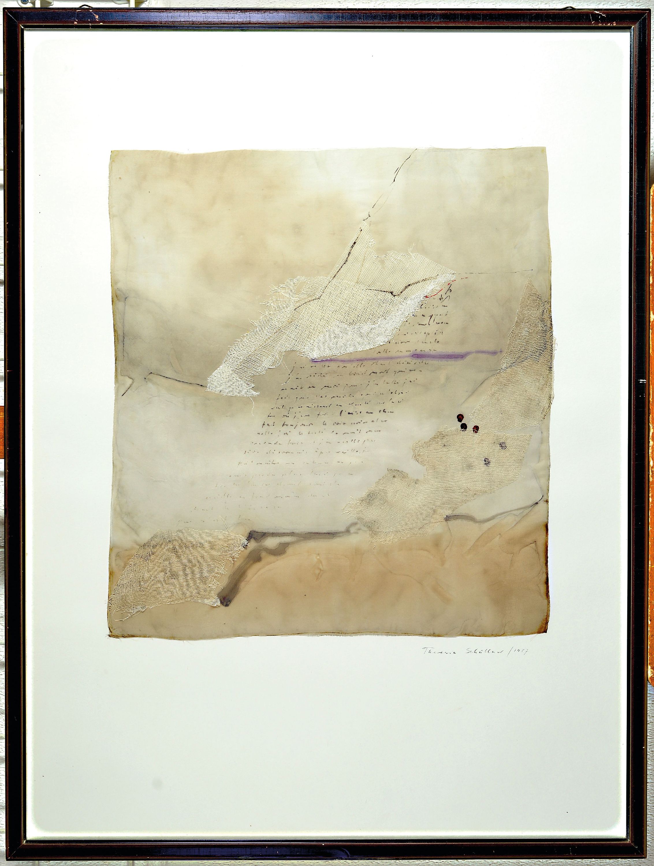 Detail k: Theresia Schüllner, geb. 1937 Düsseldorf, L'oiseau m'appelé-Der Vogel weckt mich, Aquarell und Gaze-Collage auf Seide, sign. und dat. ...