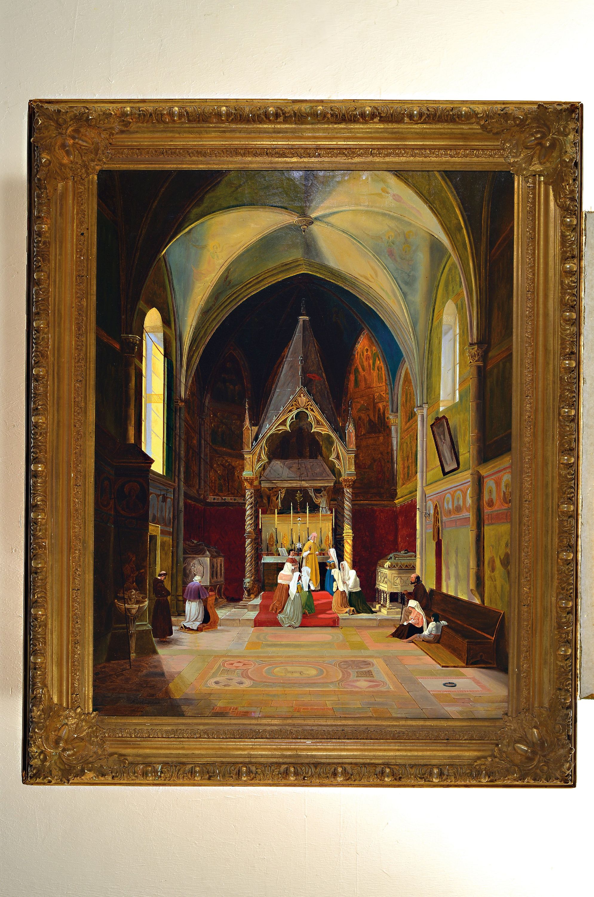 Detail k: E. von Kirchbach, datiert 1848, Kircheninterieur, feine lasierende Malerei, leicht krakeliert, gekonnte Wiedergabe der Architektur, Darstellung einer ...