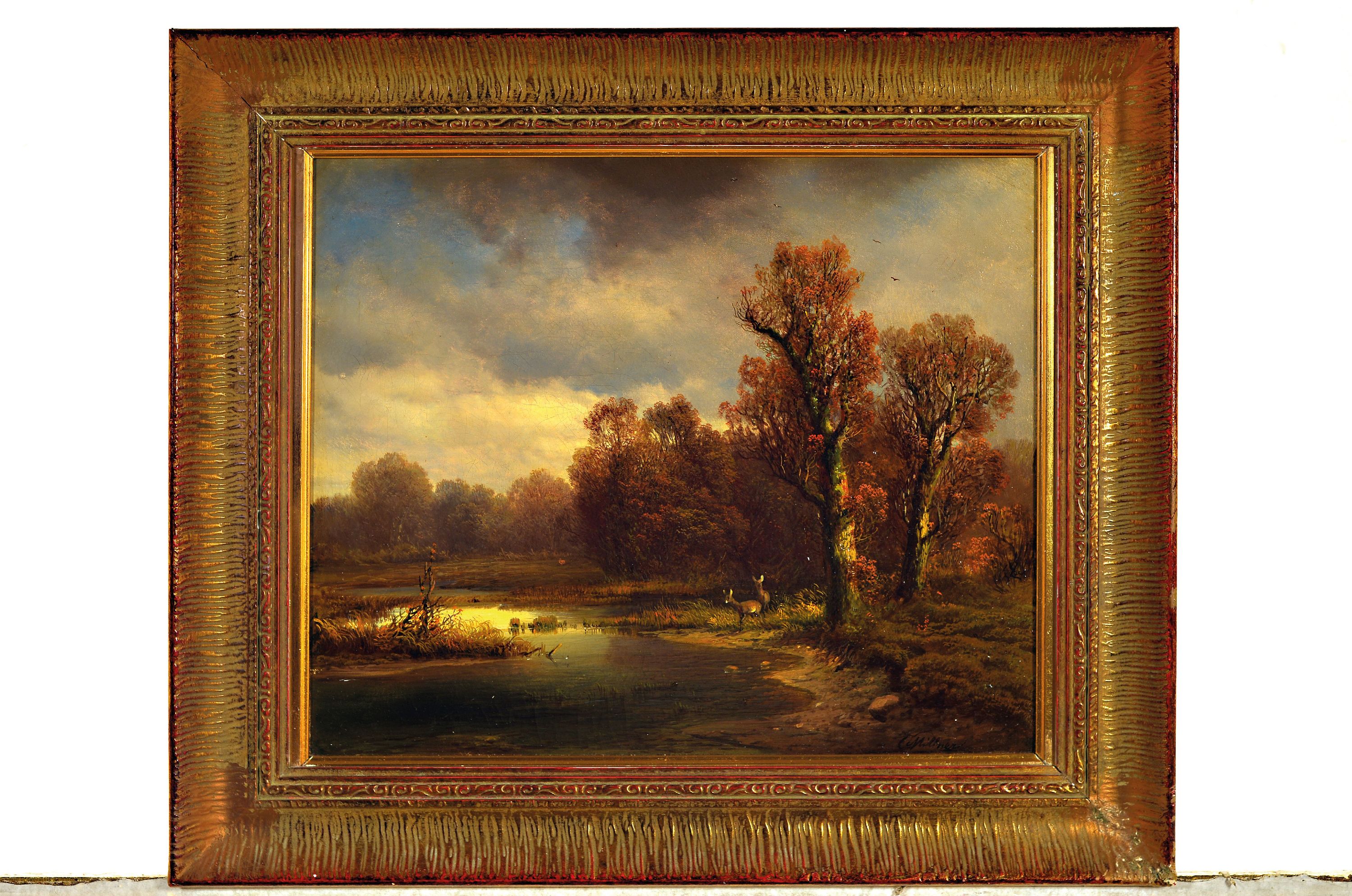 Detail k: Carl Millner, 1825 Mindelheim-1895 München, Rehe am Teichufer am Waldrand, Öl/Lwd, rechts unten signiert, ca. 33x40cm, Rahmen ca. 44.5x52cm