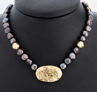 Image 26977867 - 14 kt Gold Perl-Collier, GG/WG 585/000, unrunde anthrazitfarbene Keshi-Perlen, ...