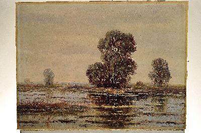 26977875k - R. von Scheiber, Maler um 1900, weite Moorlandschaft mit Weiden, Öl/Lwd, links ...
