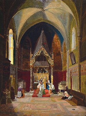Image 26977885 - E. von Kirchbach, datiert 1848, Kircheninterieur, feine lasierende Malerei, leicht ...