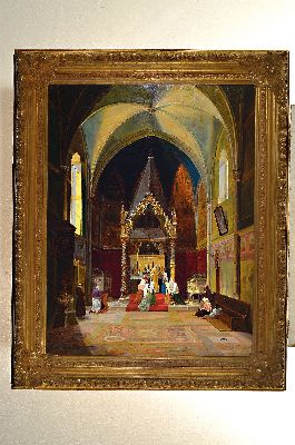 26977885k - E. von Kirchbach, datiert 1848, Kircheninterieur, feine lasierende Malerei, leicht ...