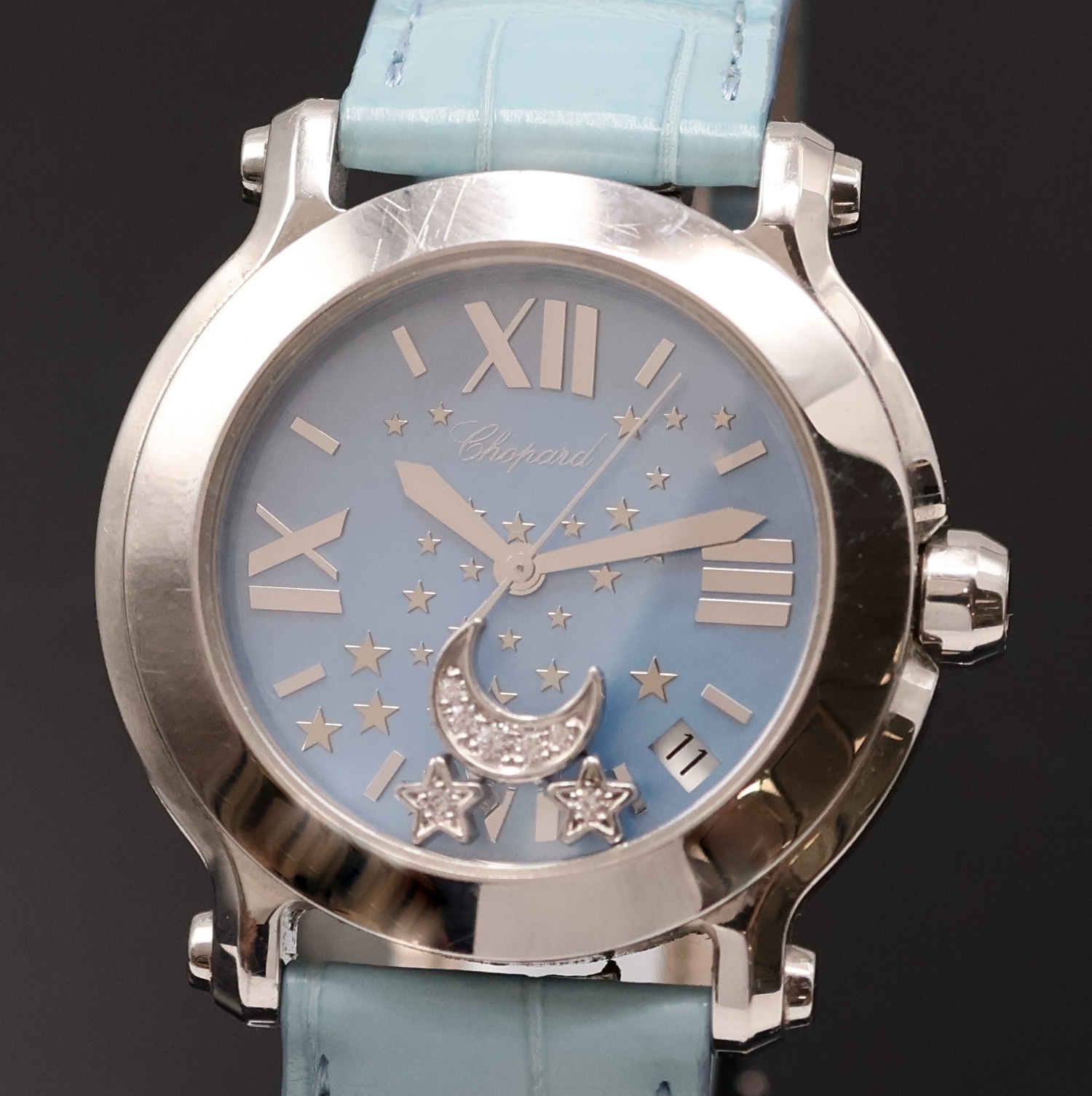 Detail a: CHOPARD Happy Sport auf 500 Stück limitierte Damenarmbanduhr in Stahl Referenz 8475, Schweiz um 2010, quarz, Boden 8-fach verschr., Schmuckkrone m. ...