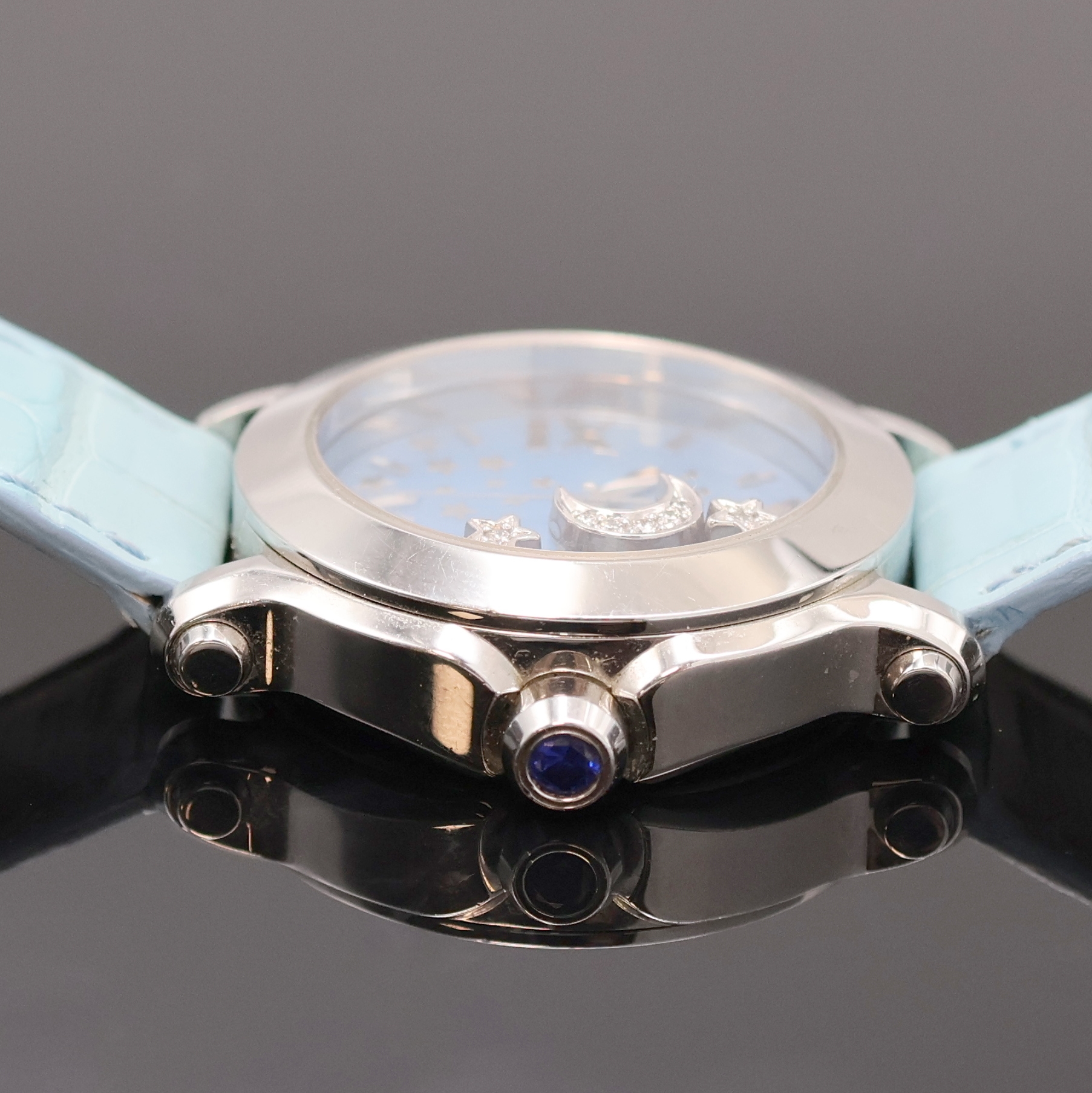 Detail c: CHOPARD Happy Sport auf 500 Stück limitierte Damenarmbanduhr in Stahl Referenz 8475, Schweiz um 2010, quarz, Boden 8-fach verschr., Schmuckkrone m. ...
