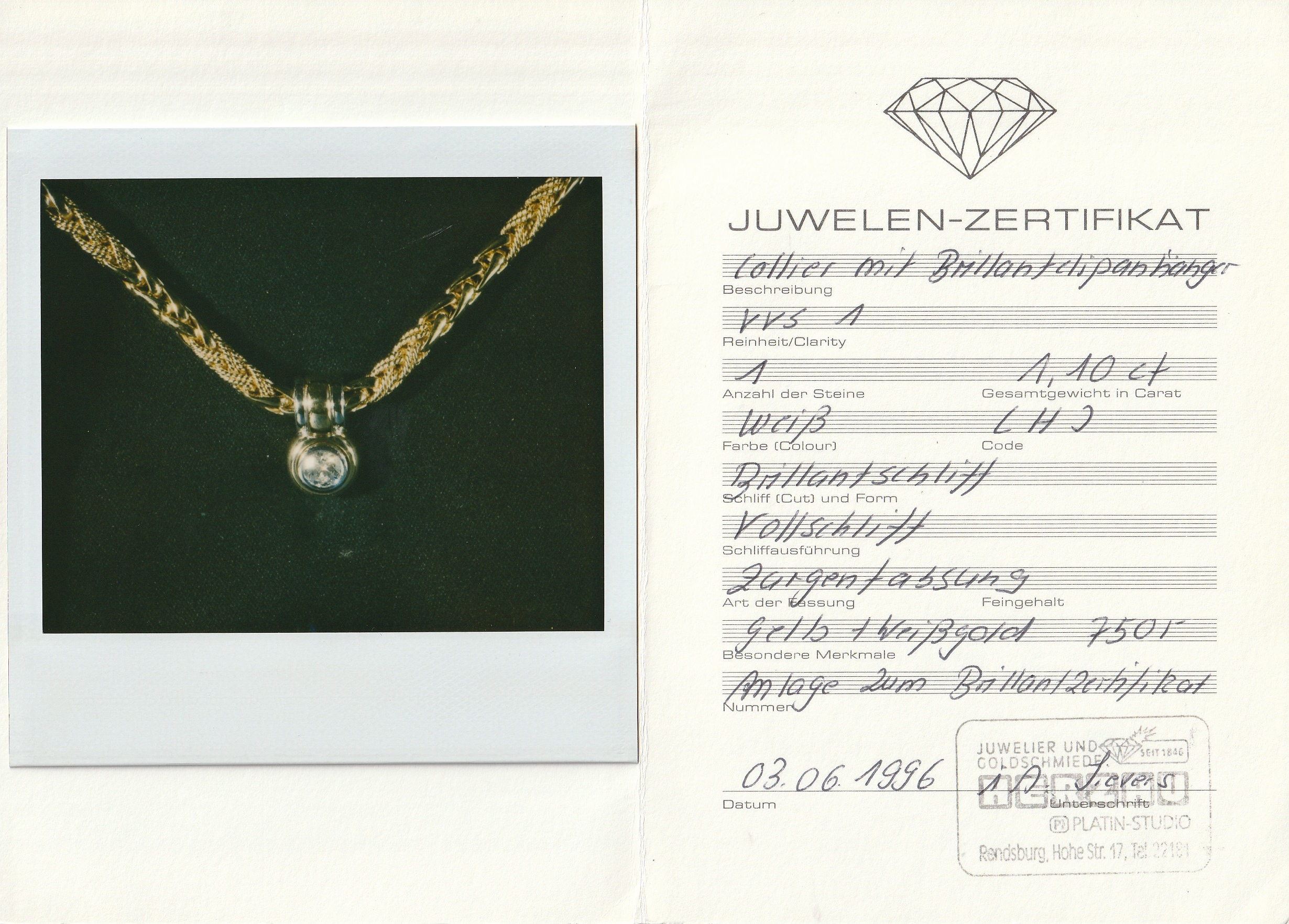 Detail a: 18 kt Gold Brillant-Clipanhänger, GG/WG 750/000, Brillant ca. 1.10 ct Weiß/vvs1, an massiver Kette, GG 750/000, L. ca. 45 cm, Karabinerschließe, ...