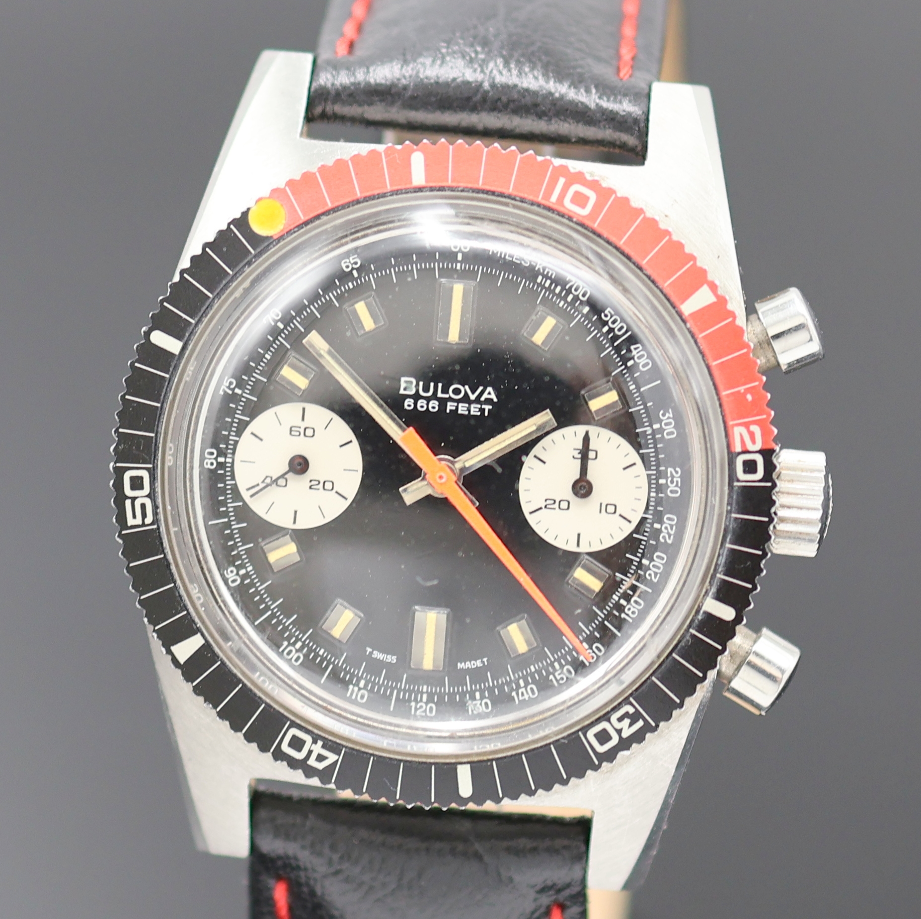 Detail a: BULOVA Deep Sea Herrenchronograph 666 Feet in Stahl, Schweiz um 1975, Handaufzug, Boden verschr., Lünette m. 60er Teilung beids. drehb., schwarzes ...