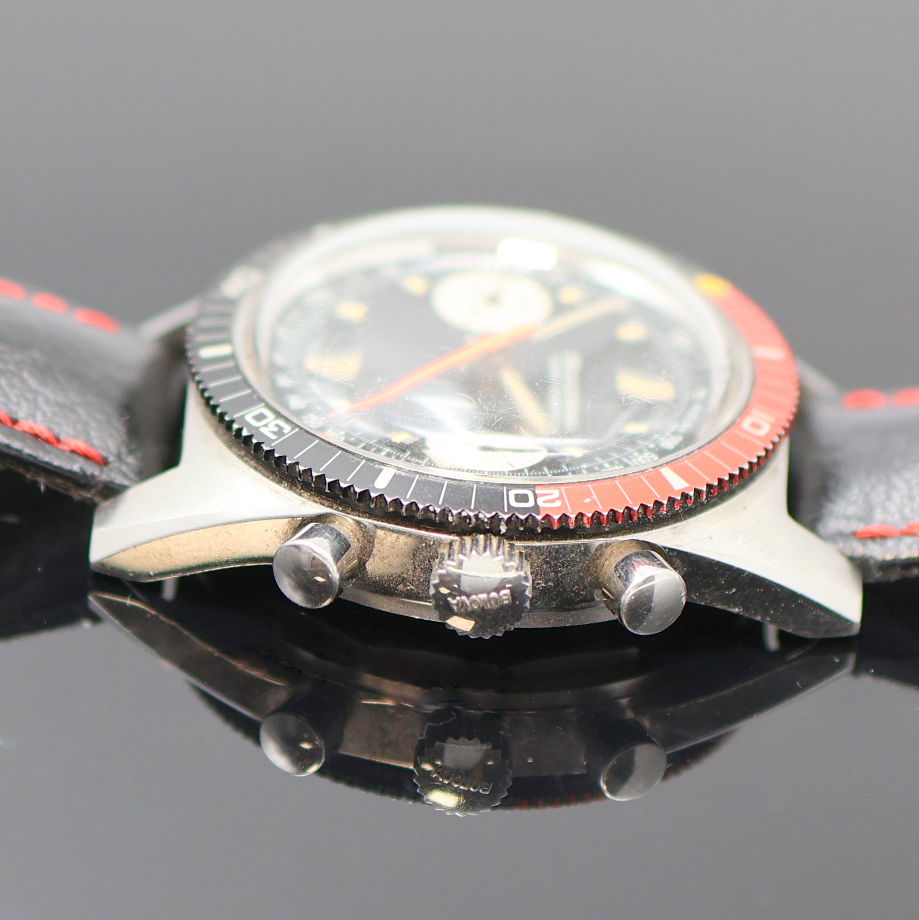 Detail c: BULOVA Deep Sea Herrenchronograph 666 Feet in Stahl, Schweiz um 1975, Handaufzug, Boden verschr., Lünette m. 60er Teilung beids. drehb., schwarzes ...