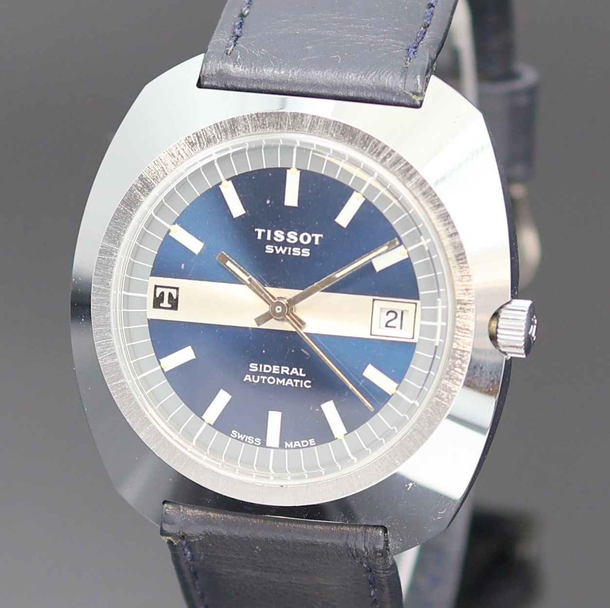 Detail a: TISSOT Sideral Herrenarmbanduhr Referenz 44545-1, Automatik, Schweiz um 1973, verchr. Geh. inkl. Lederband m. orig. Dornschl., Edelstahlboden ...