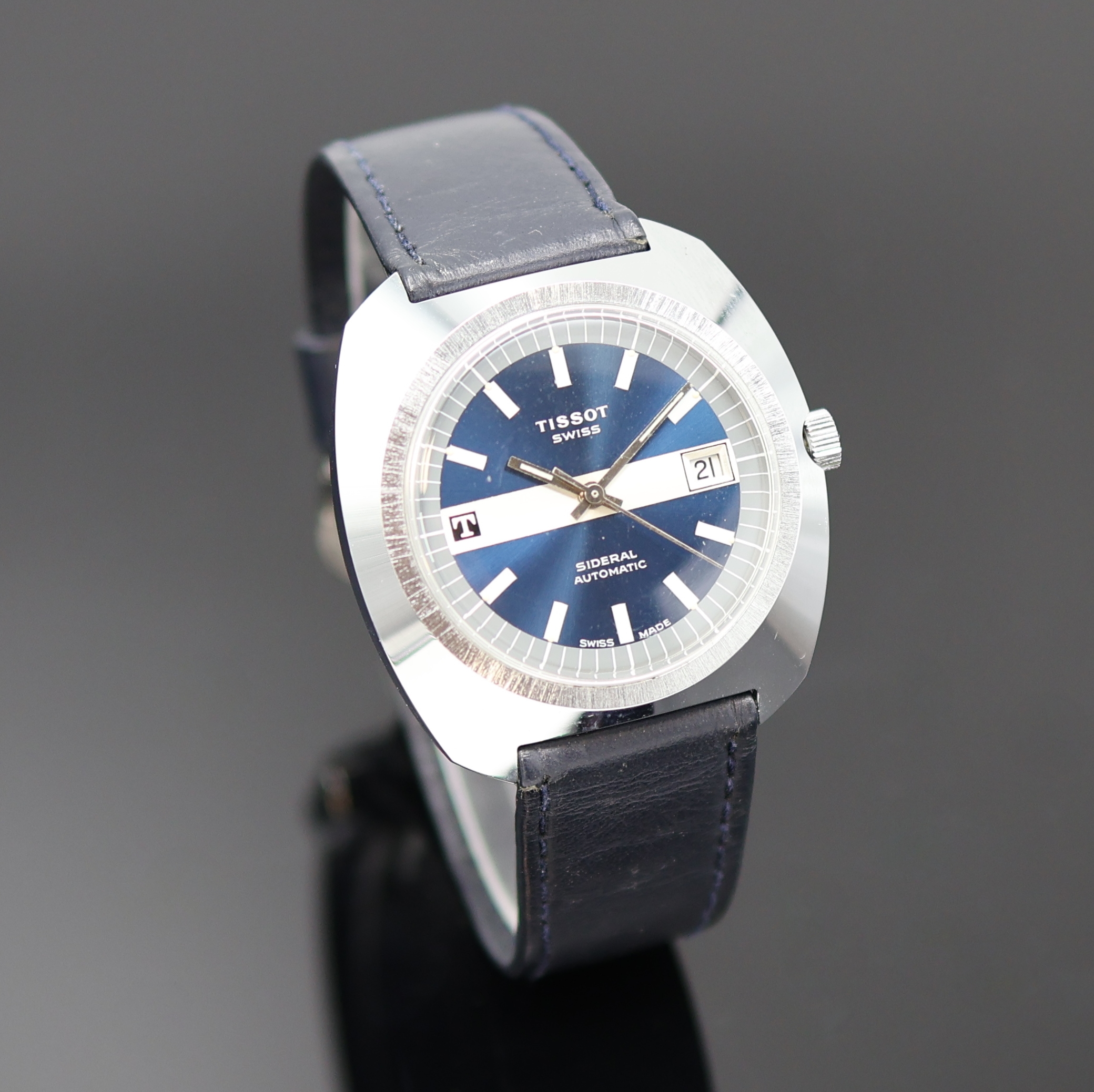Detail b: TISSOT Sideral Herrenarmbanduhr Referenz 44545-1, Automatik, Schweiz um 1973, verchr. Geh. inkl. Lederband m. orig. Dornschl., Edelstahlboden ...