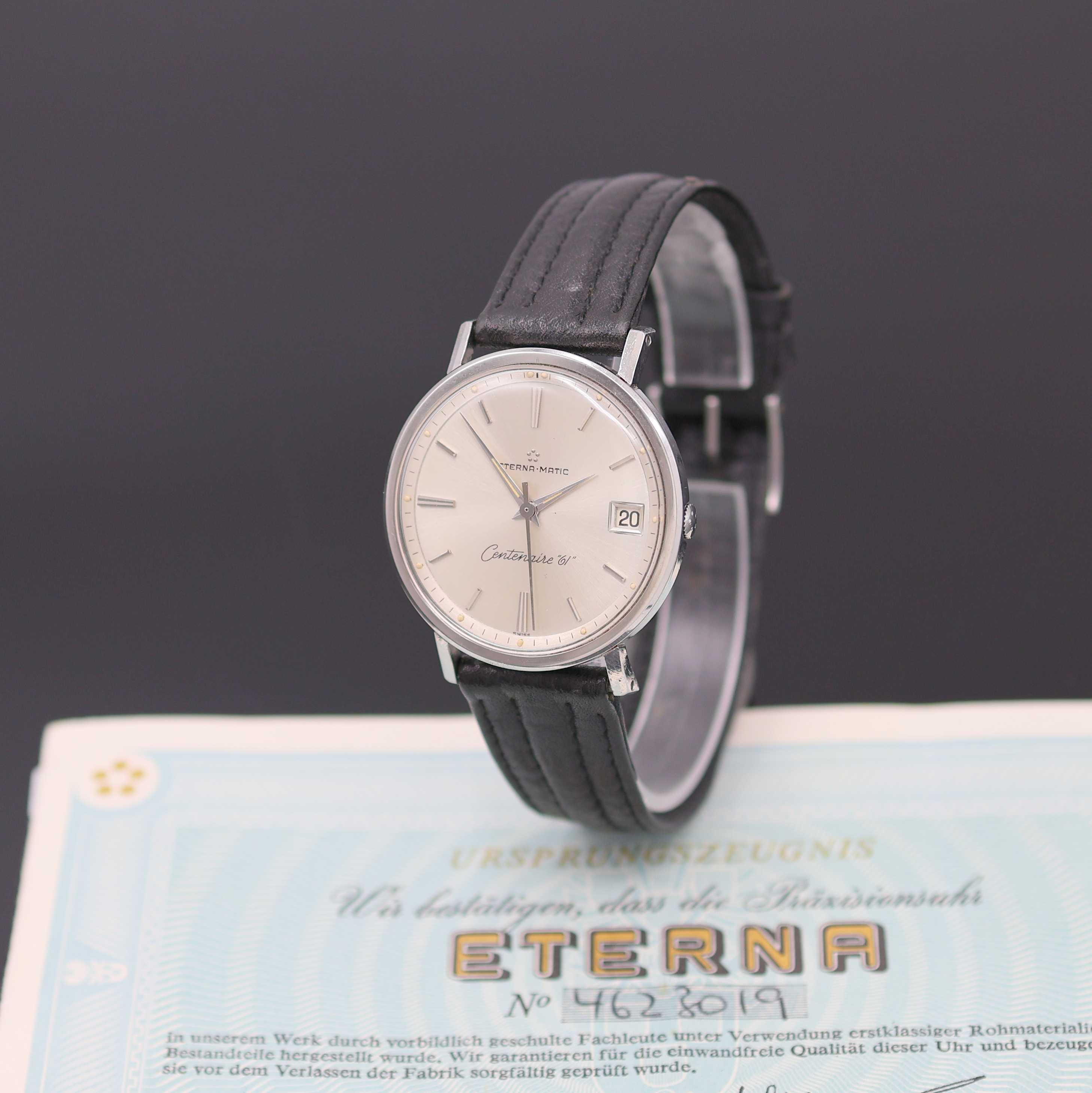 ETERNA-MATIC Armbanduhr Centenaire 61, Automatik, Edelstahlgeh. inkl. Lederband m. orig. Dornschl., Boden verschr., Krone zum Schutz seitl. ...