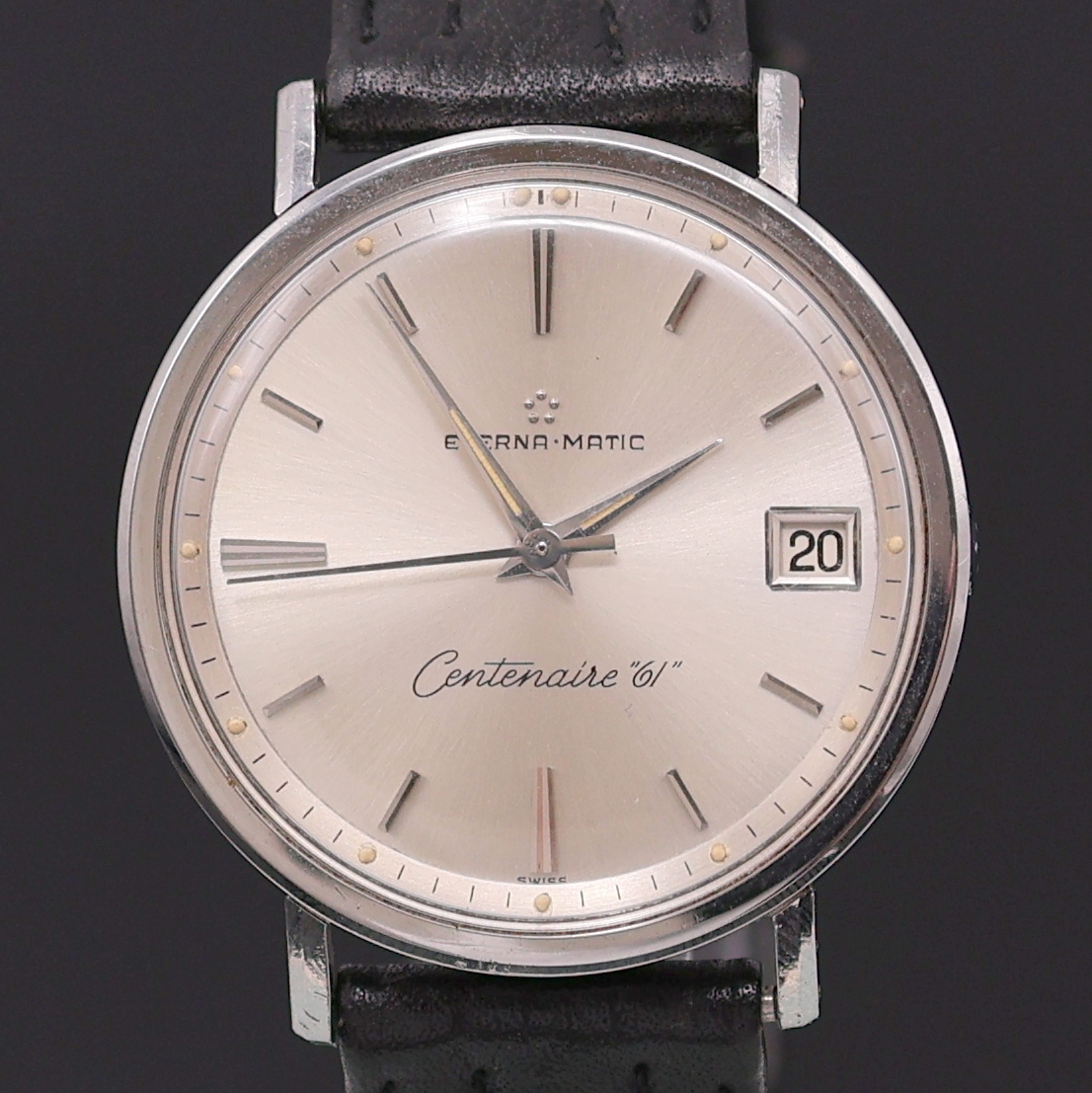 Detail a: ETERNA-MATIC Armbanduhr Centenaire 61, Automatik, Edelstahlgeh. inkl. Lederband m. orig. Dornschl., Boden verschr., Krone zum Schutz seitl. ...