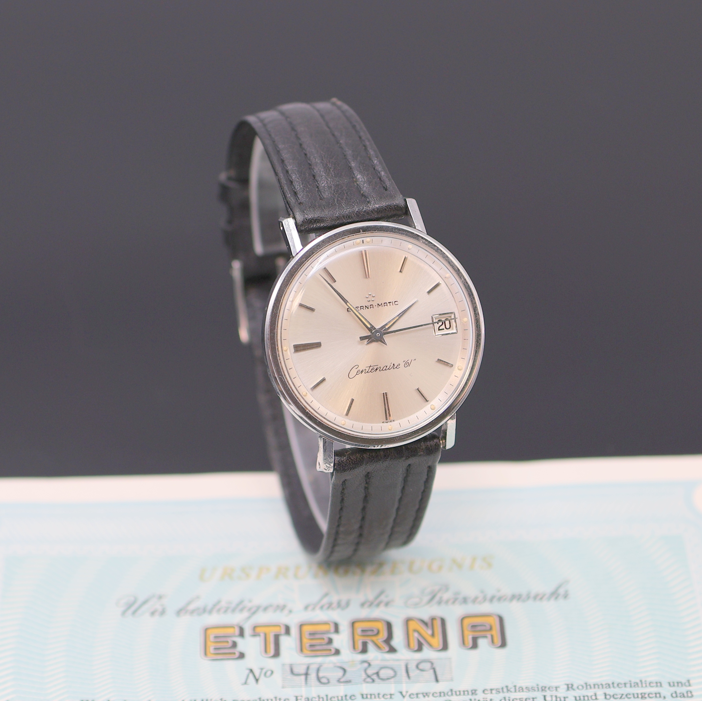 Detail b: ETERNA-MATIC Armbanduhr Centenaire 61, Automatik, Edelstahlgeh. inkl. Lederband m. orig. Dornschl., Boden verschr., Krone zum Schutz seitl. ...