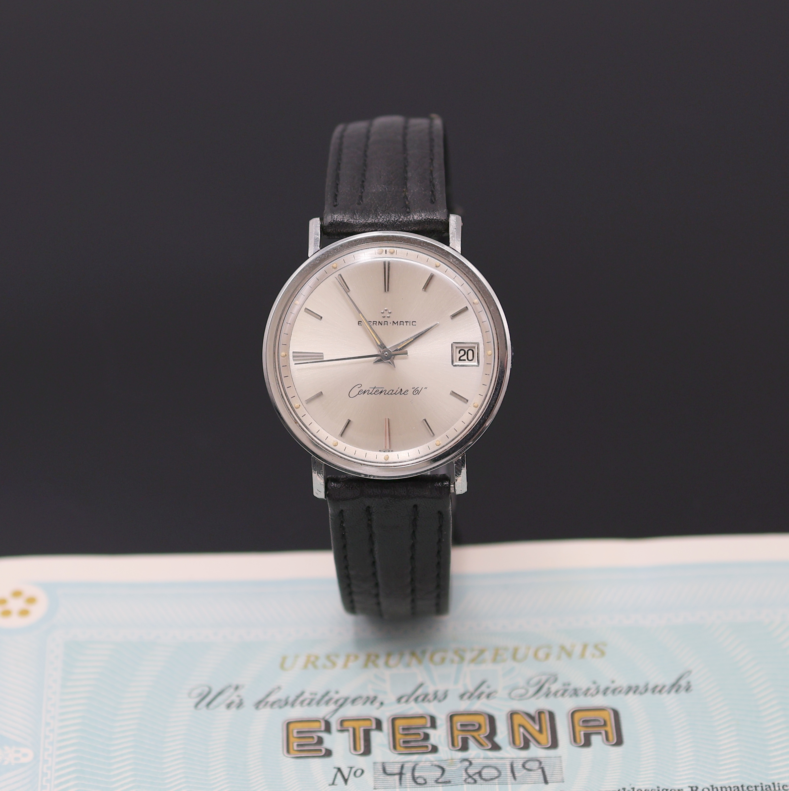 Detail c: ETERNA-MATIC Armbanduhr Centenaire 61, Automatik, Edelstahlgeh. inkl. Lederband m. orig. Dornschl., Boden verschr., Krone zum Schutz seitl. ...