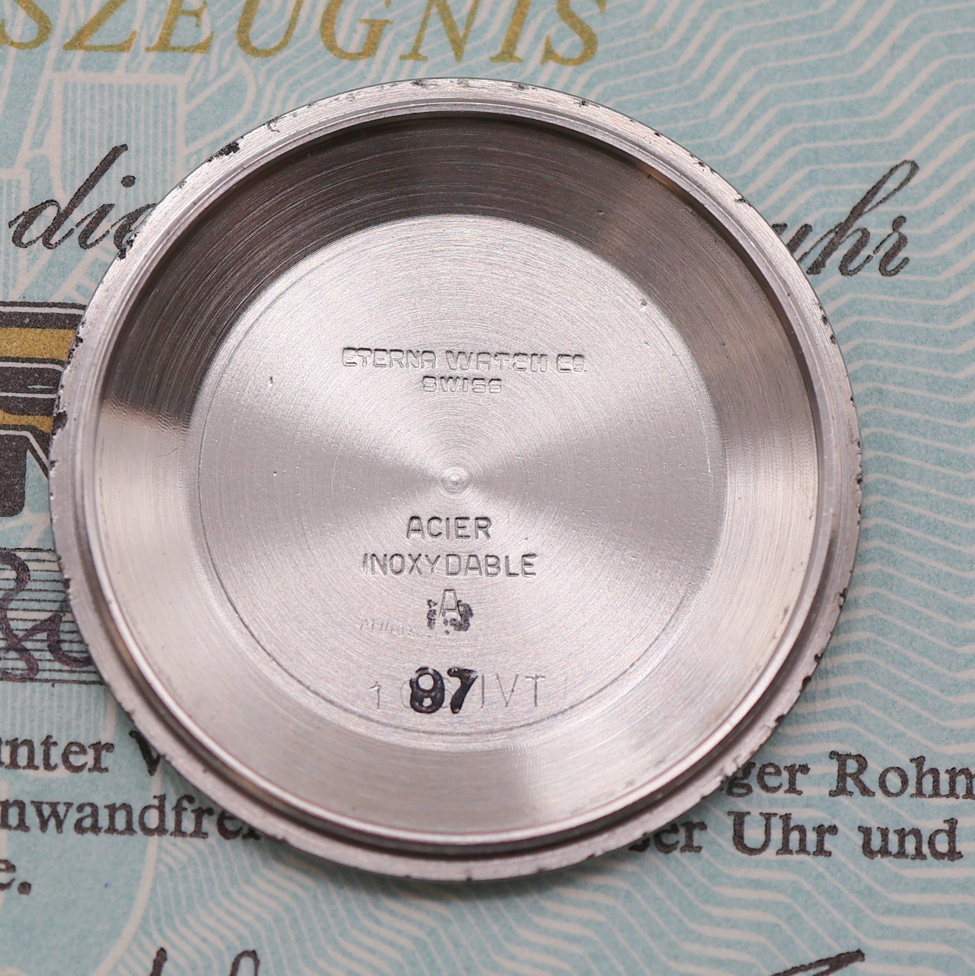 Detail j: ETERNA-MATIC Armbanduhr Centenaire 61, Automatik, Edelstahlgeh. inkl. Lederband m. orig. Dornschl., Boden verschr., Krone zum Schutz seitl. ...