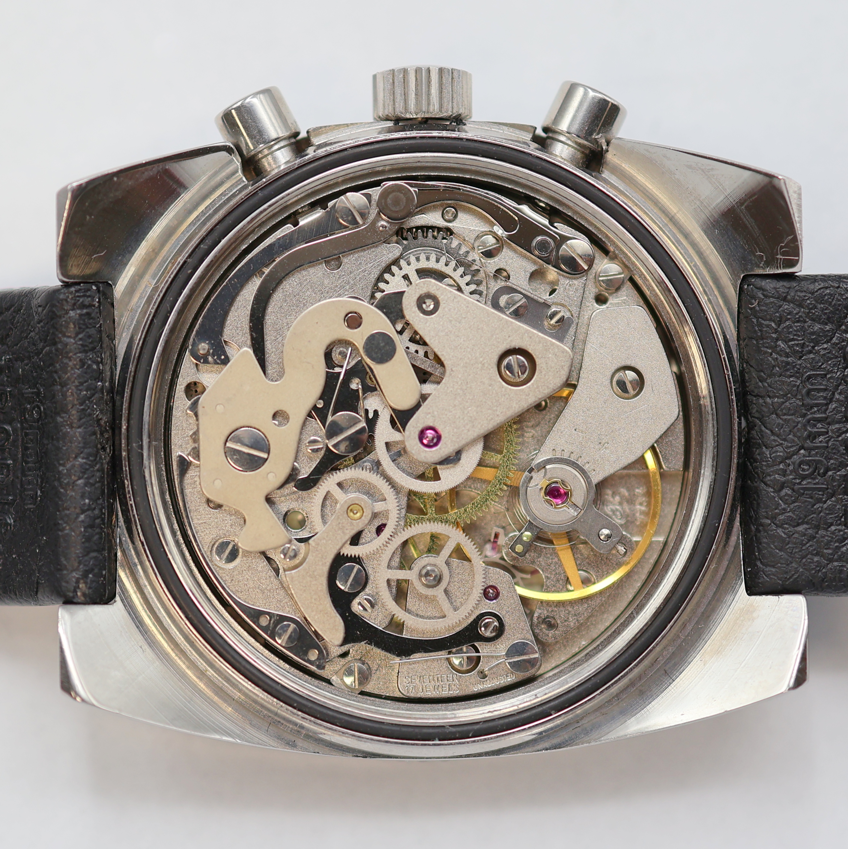 Detail g: ARSA Armbandchronograph, Handaufzug, Schweiz um 1969, Edelstahlgeh. inkl. orig. Tropic Sport Armband (Schlaufe ers.), Lünette m. 60er Teilung beids. ...