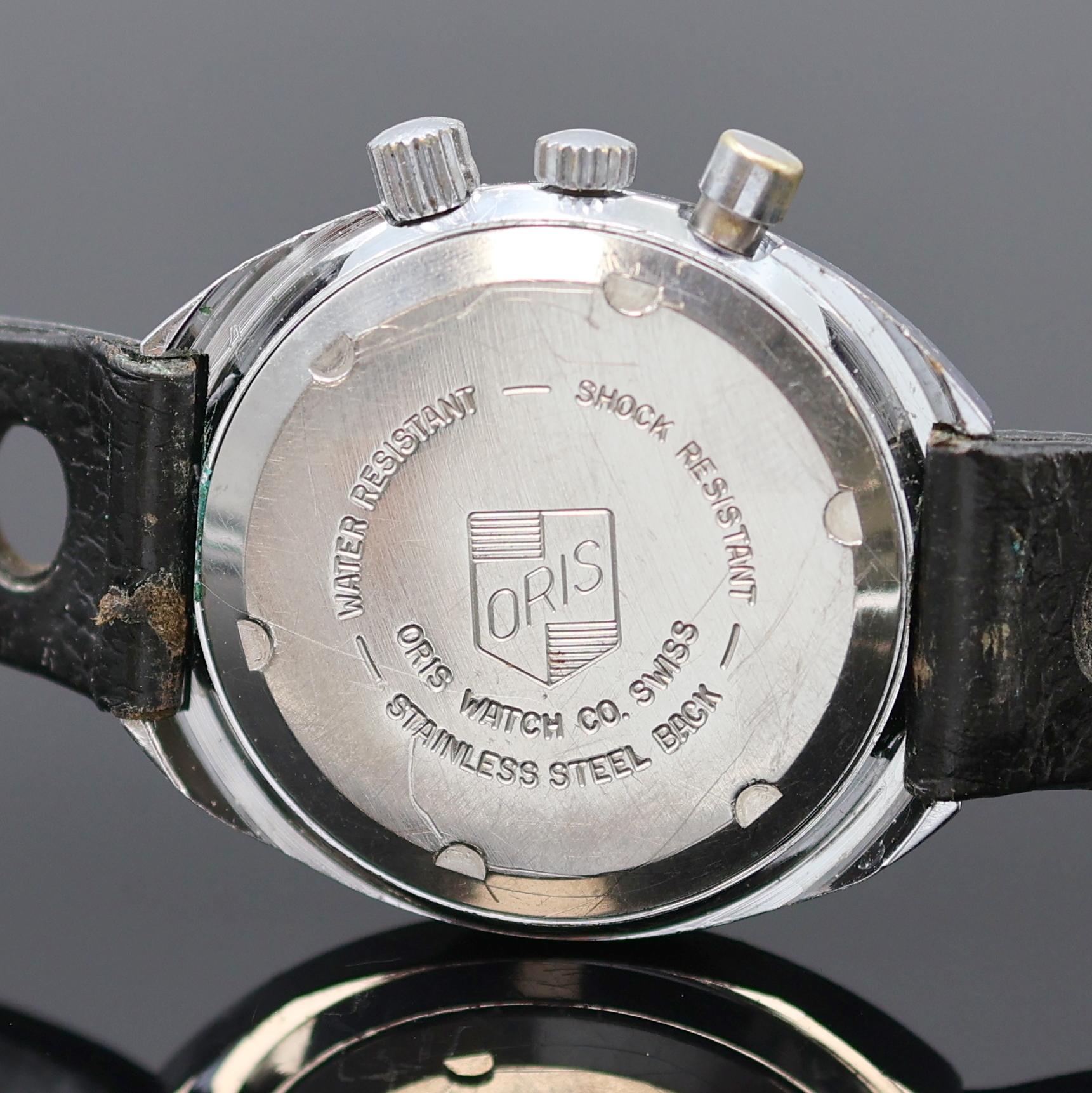 Detail f: ORIS Star ChronOris seltene Herrenarmbanduhr mit Chronograph, Schweiz um 1970, Handaufzug, verchr. Geh. m. verschr. Stahlboden, Chrono-Drücker b. 2, ...