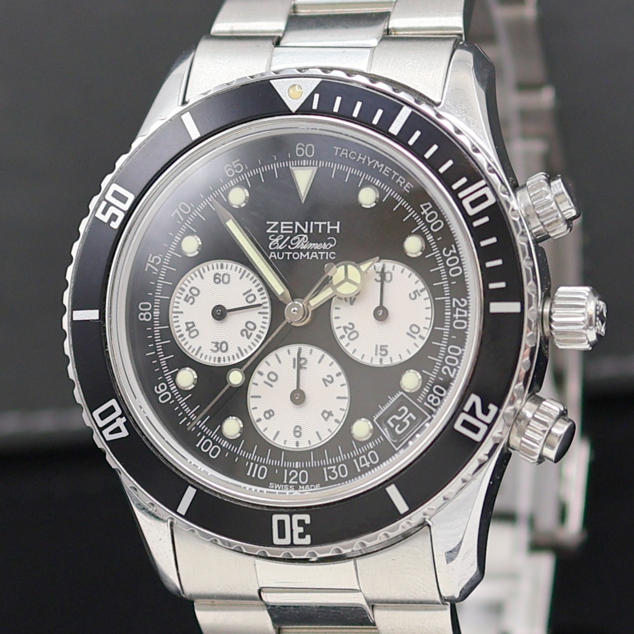 Detail a: ZENITH El Primero De Luca Herrenarmbanduhr mit Chronograph in Stahl Referenz 02.2310.400, Automatik, Boden, Krone und Drücker verschr. (Krone/Tubus ...
