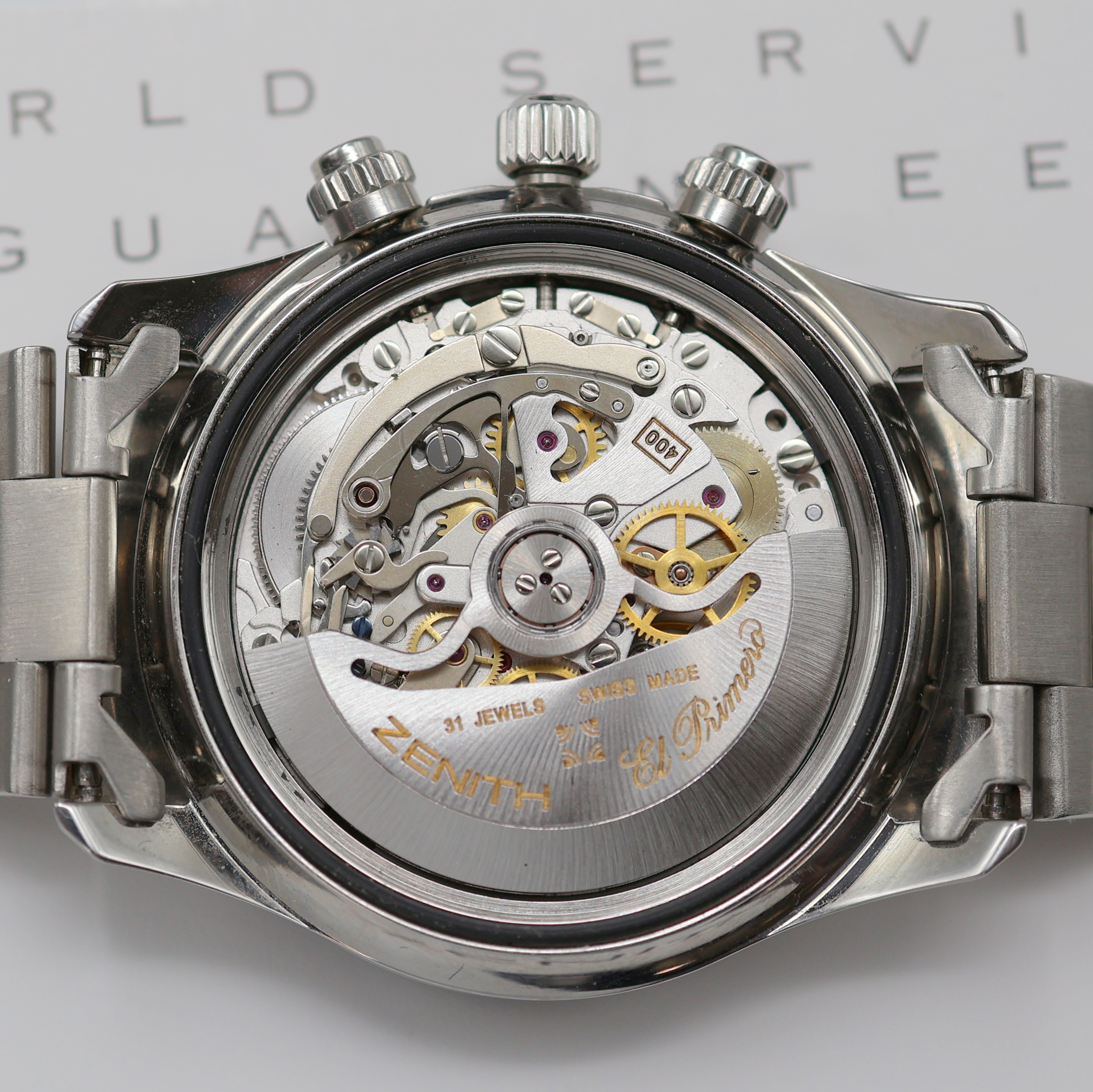Detail g: ZENITH El Primero De Luca Herrenarmbanduhr mit Chronograph in Stahl Referenz 02.2310.400, Automatik, Boden, Krone und Drücker verschr. (Krone/Tubus ...