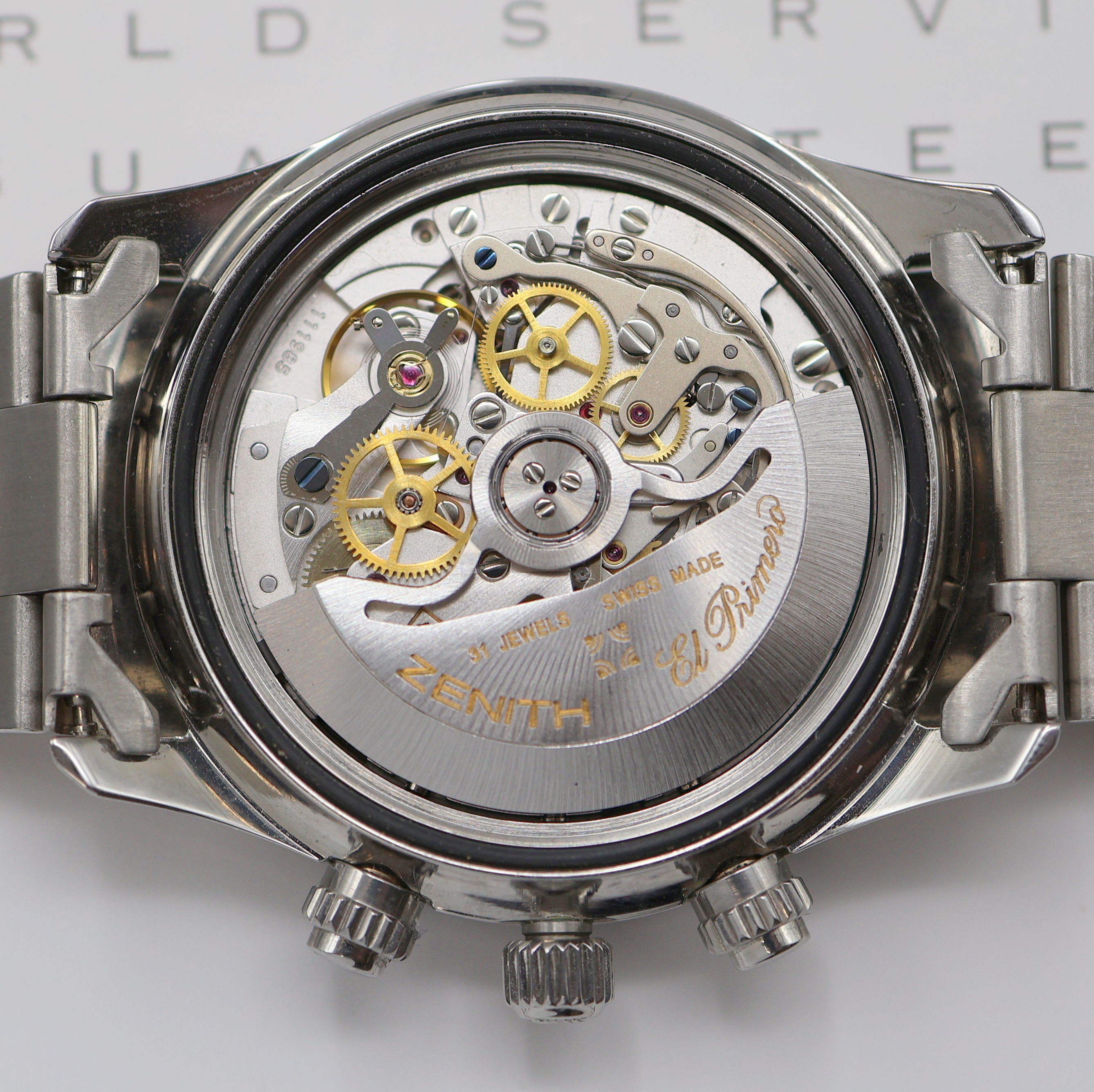 Detail h: ZENITH El Primero De Luca Herrenarmbanduhr mit Chronograph in Stahl Referenz 02.2310.400, Automatik, Boden, Krone und Drücker verschr. (Krone/Tubus ...