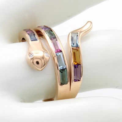 26979201a - Schlangenring mit Farbsteinen und Brillanten, RG 585/000, Turmaline, Aquamarine, ...