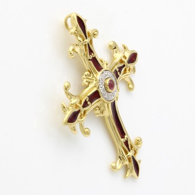 26979216a - Kreuzanhänger mit Emaille und Brillanten, GG/WG 750/000, verschnörkeltes, ...