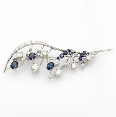 Image Brosche mit Brillanten und Saphiren, WG 700/000, geschwungene, feine Arbeit, 2 Brill. ...