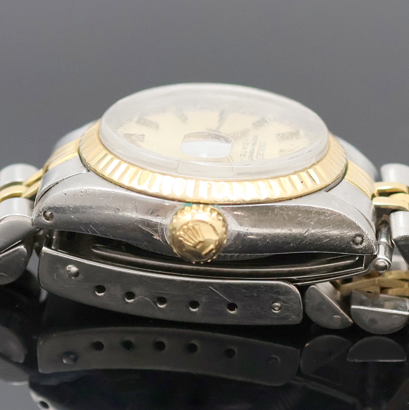 Detail c: ROLEX Oyster Perpetual Date Damenarmbanduhr in Stahl/Gold Referenz 6917, Schweiz um 1982, Automatik, Boden u. Krone verschr., orig. Jubileeband m. ...