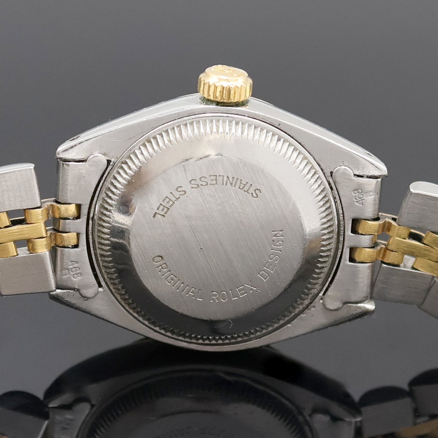 Detail e: ROLEX Oyster Perpetual Date Damenarmbanduhr in Stahl/Gold Referenz 6917, Schweiz um 1982, Automatik, Boden u. Krone verschr., orig. Jubileeband m. ...
