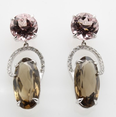 Image Paar Ohrstecker mit Farbsteinen und Brillanten, WG 750/000, 2 runde Morganite zus. ca. ...