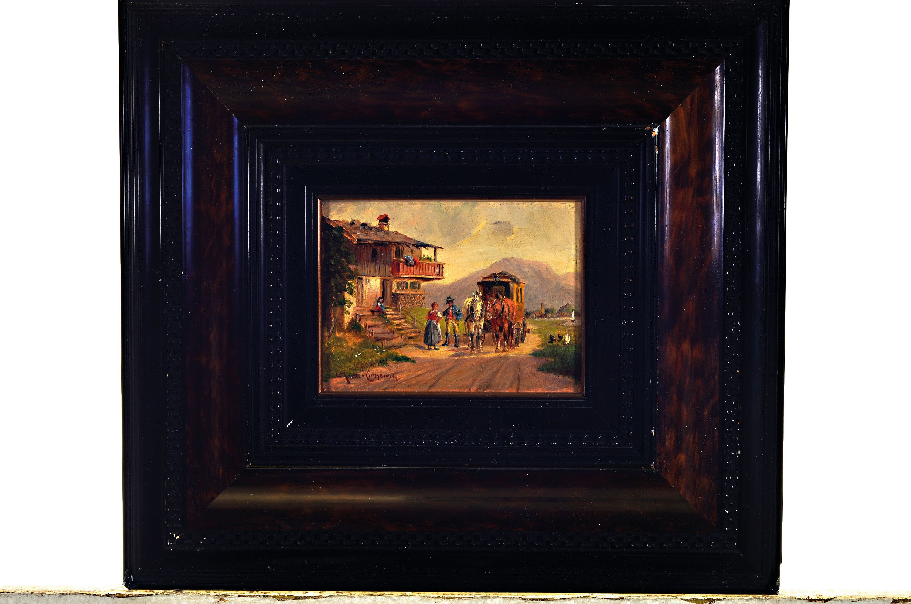 Detail k: Ludwig Müller-Cornelius, 1864-1946 München, süddeutsche Oralpenlandschaft mit Postkutsche vor Gehöft, links unten signiert, Öl/Holz, 11x14 cm, ...