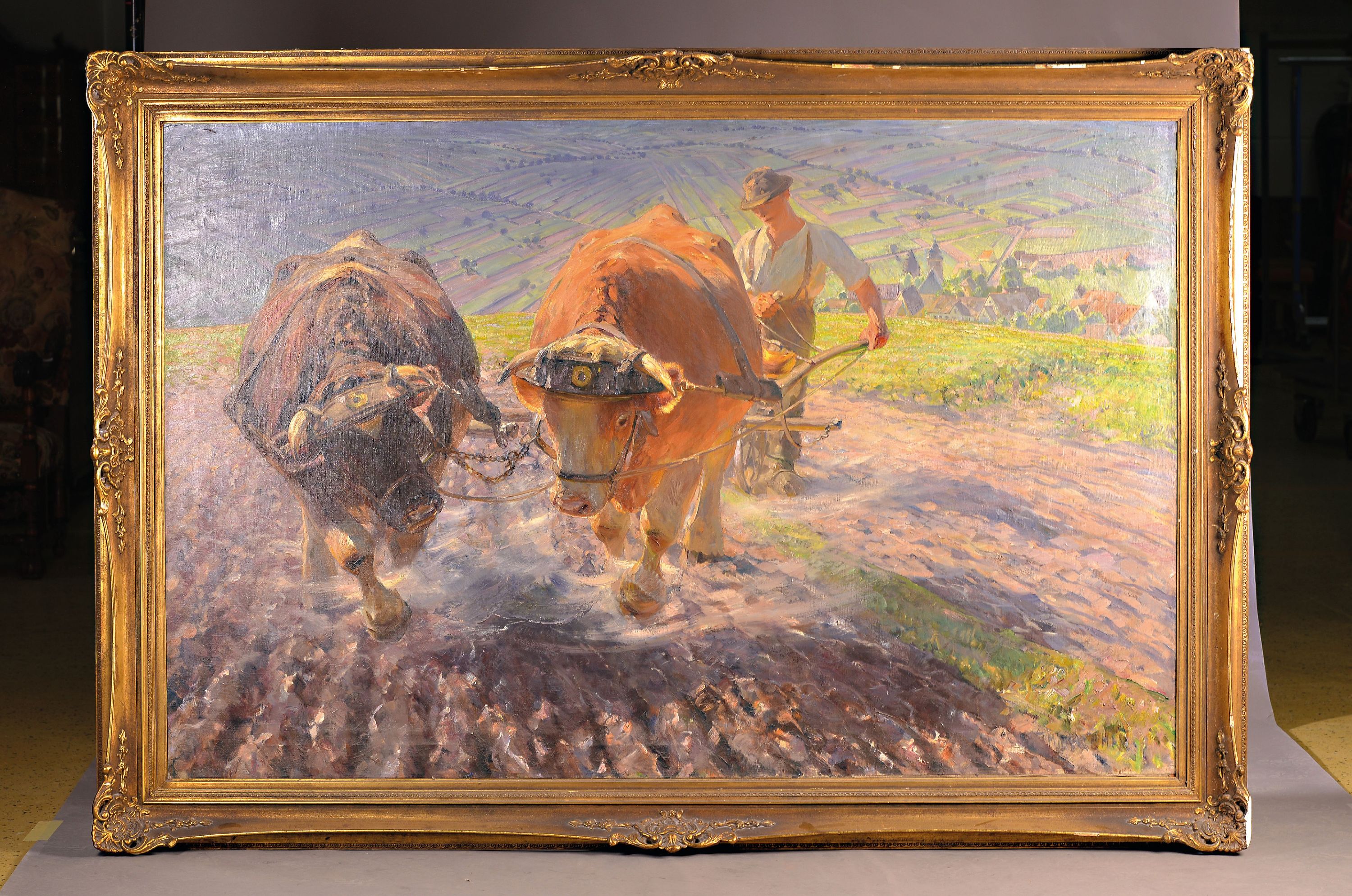 Detail k: Max Bergmann, 1884 Fürstenberg-1955 Haimhausen, Bauer mit Ochsengespann beim Pflügen, Öl/Lwd, rechts unten signiert, ca. 130x200cm, ...