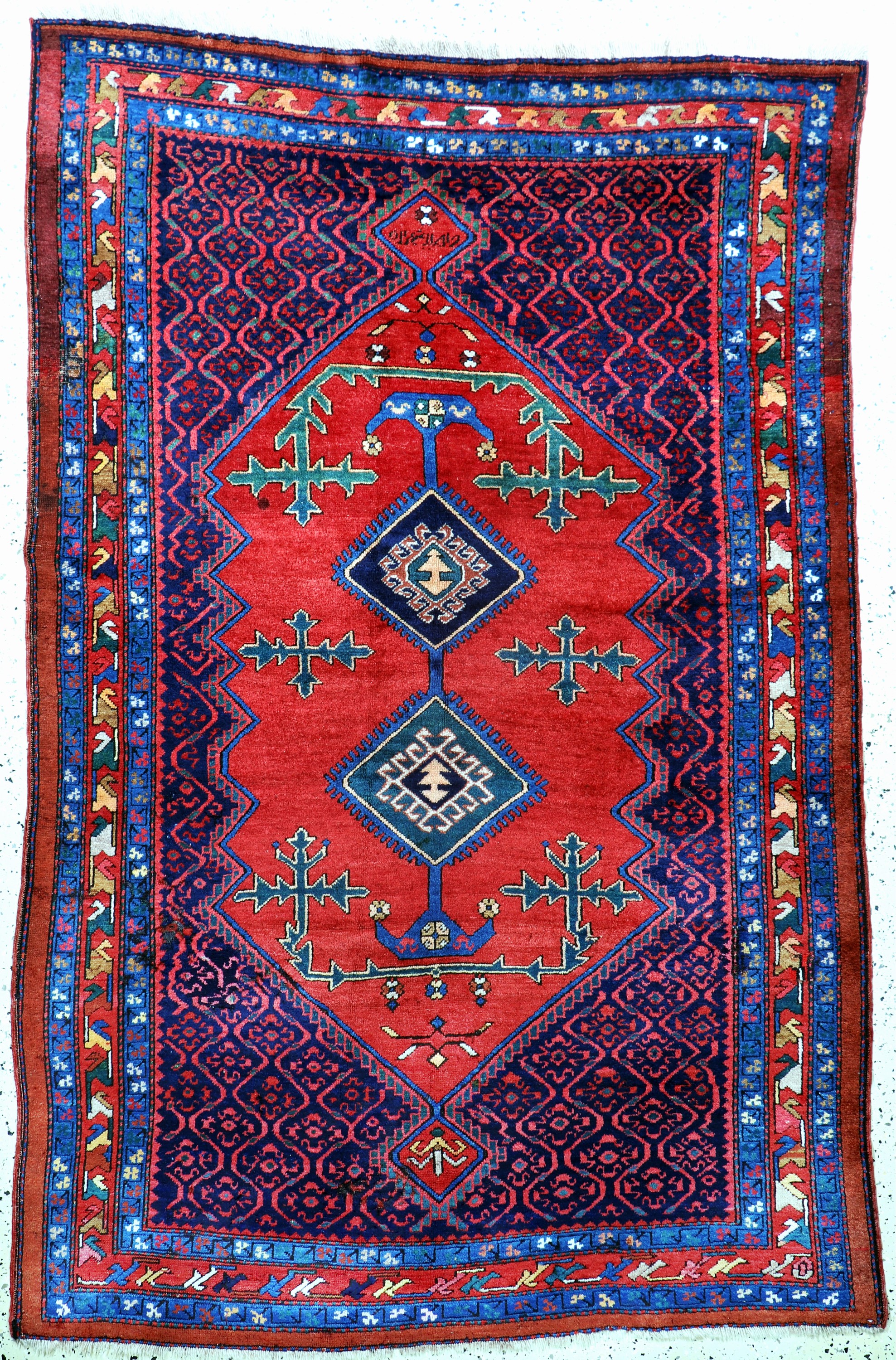 Karabagh antik signiert, Kaukasus, 19.Jhd, Wolle auf Wolle, ca. 242 x 165 cm, Mottenfraß,EHZ: 3(restaurierungen).
