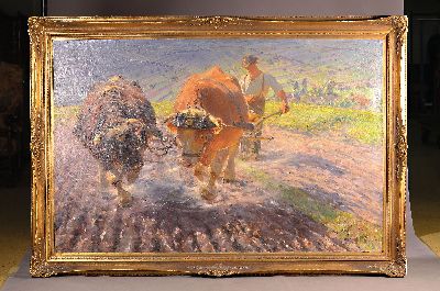 26979659k - Max Bergmann, 1884 Fürstenberg-1955 Haimhausen, Bauer mit Ochsengespann beim Pflügen, ...