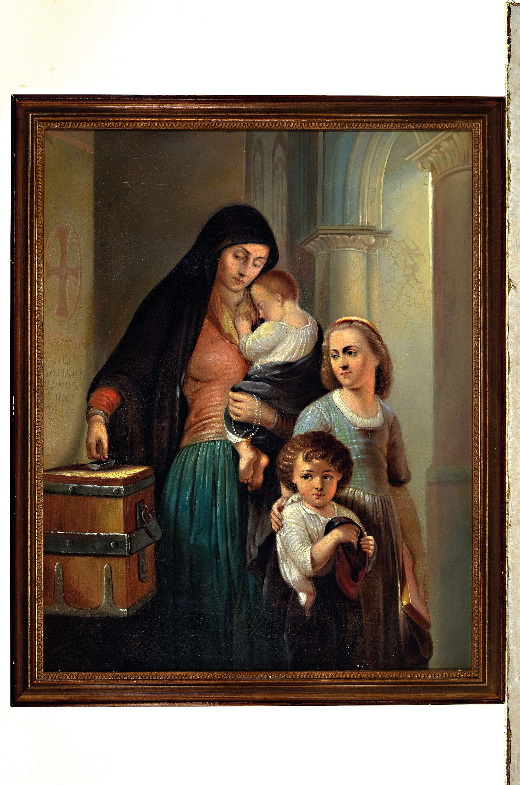 Detail k: Unbekannter Künstler des 19.Jh., Votivbild, Mutter mit drei Kindern an der Kollekte im Kirchenraum, Öl/Lwd, rest., Rahmen 58x48 cm