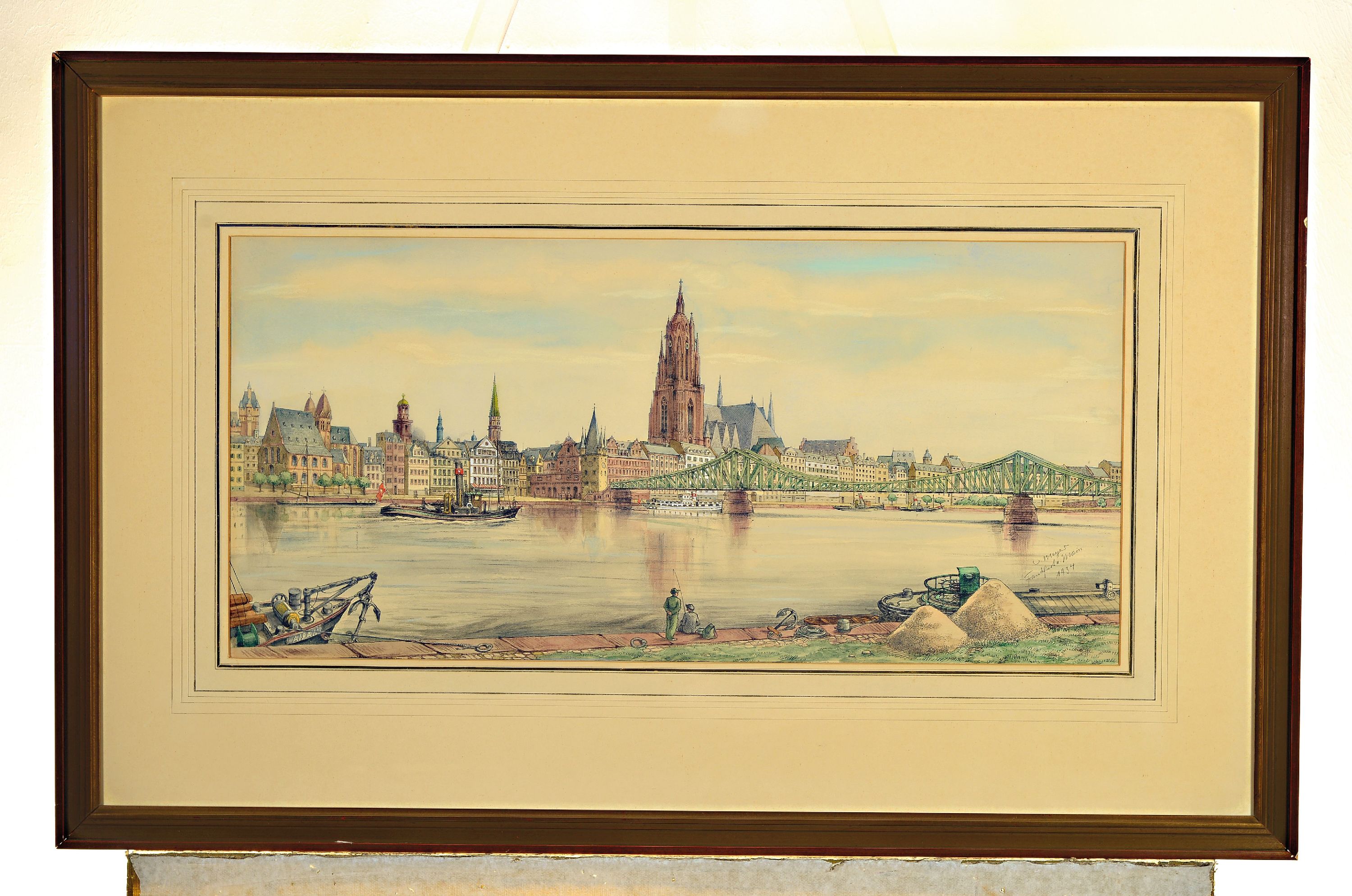 Detail k: Willy Meyer, 1894 Mainz-1966 Frankfurt a.M.,Lithographie, handkoloriert, Ansicht Frankfurtam Main, Blick über den Eisernen Steg, signiert und ...