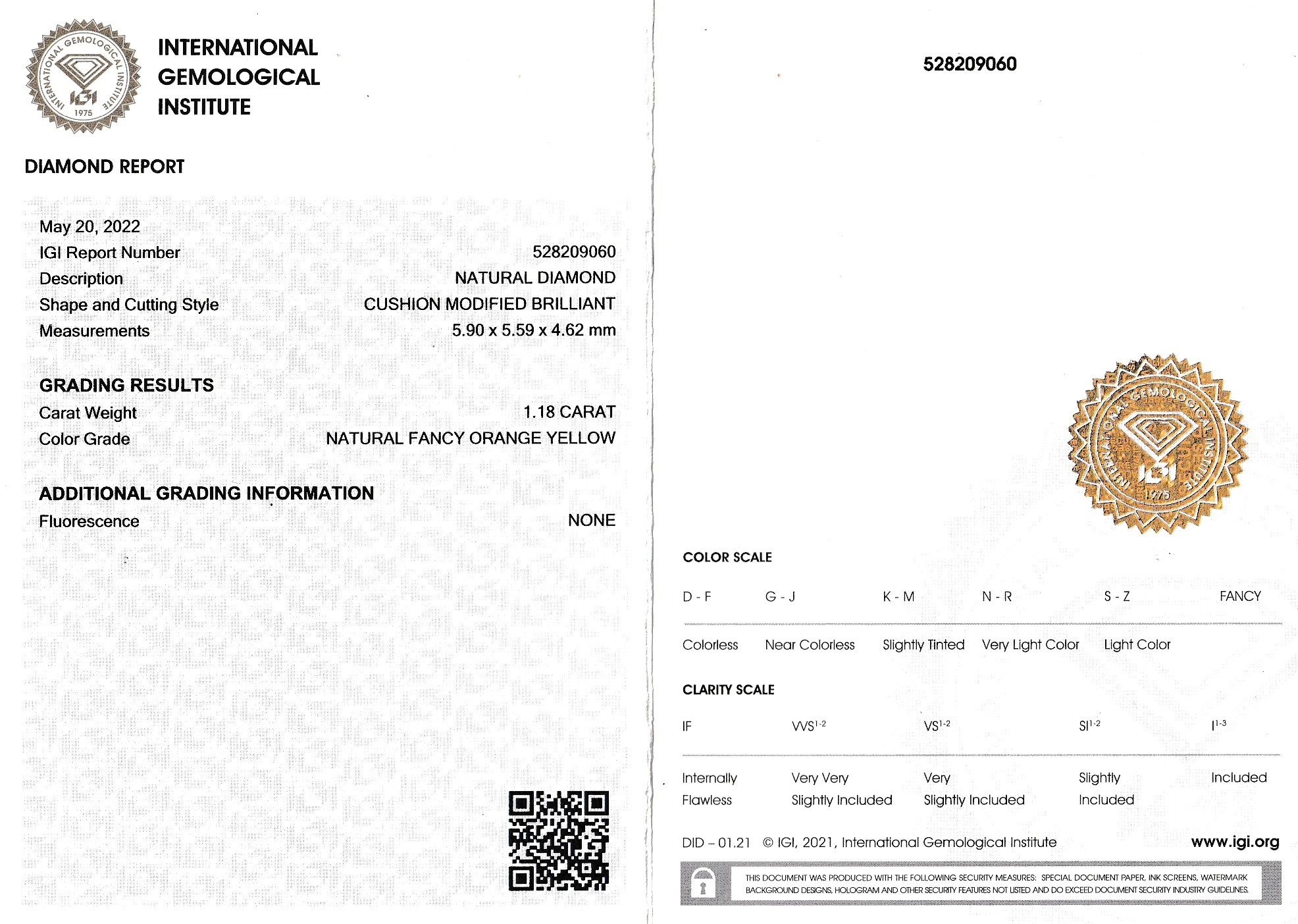 Detail a: Loser Diamant, 1.18 ct Natural Fancy Orange Yellow, Cushion Modified Brillant, eingeschweißt, mit IGI-Expertise