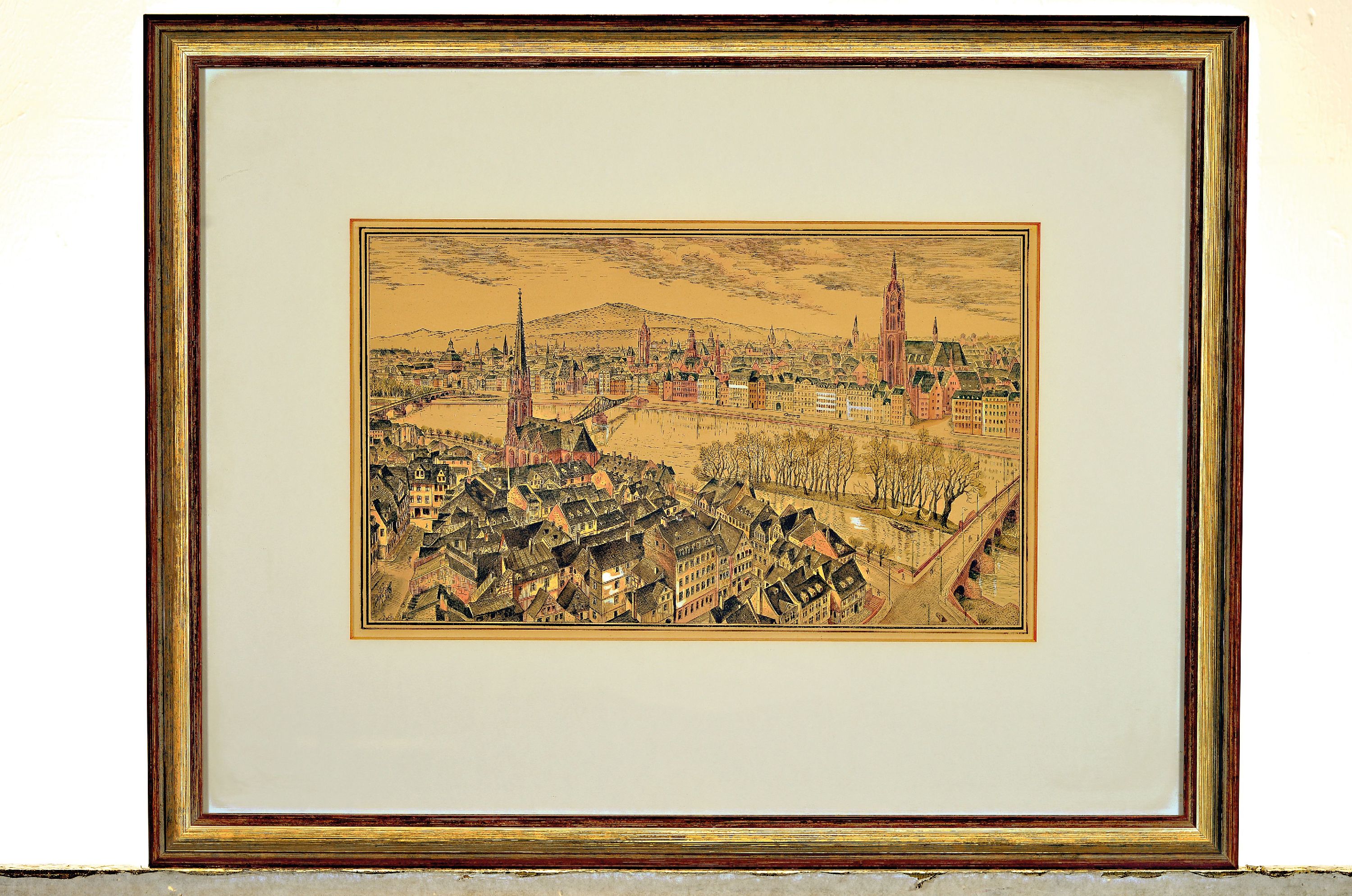 Detail k: Umkreis Willy Meyer, 1894 Mainz-1966 Frankfurta.M., Gravure, handkoloriert, Blick auf Frankfurt am Main, wohl 1930er-Jahre, unter Glas gerahmt 42x55 ...