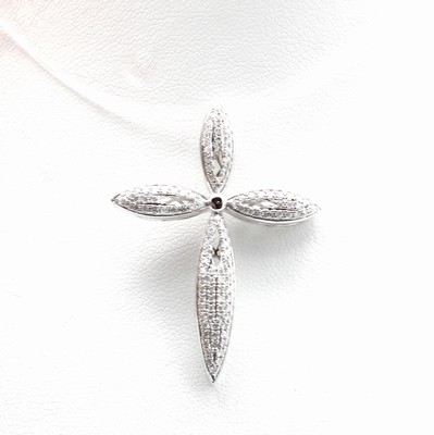 26979709a - Kreuzanhänger mit Brillanten, WG 585/000, navetteförm. Elemente, Brill. zus. ca. 0.51 ...