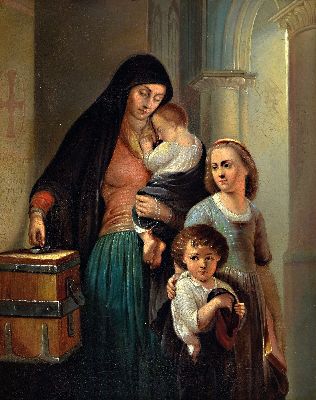 Image 26979719 - Unbekannter Künstler des 19.Jh., Votivbild, Mutter mit drei Kindern an der Kollekte ...
