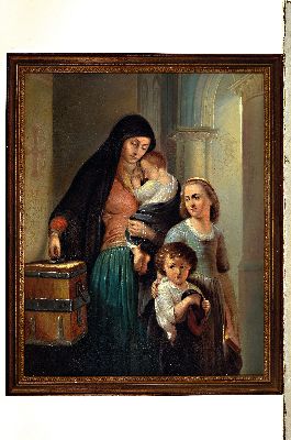 26979719k - Unbekannter Künstler des 19.Jh., Votivbild, Mutter mit drei Kindern an der Kollekte ...