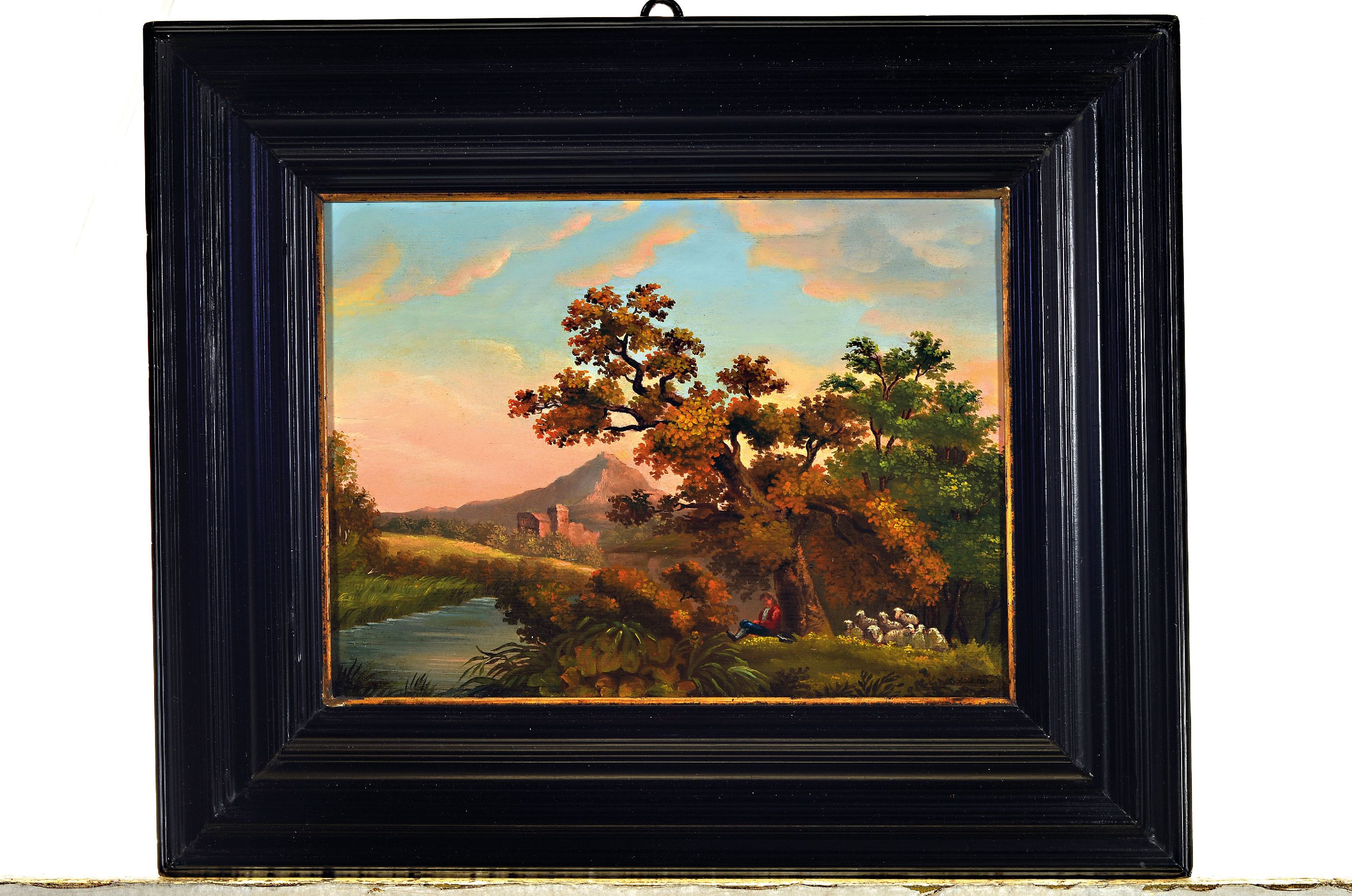 Detail k: L. Spicale, datiert 1839, Hirte bei der Rast in Herbstlandschaft, rechts unten signiert und datiert, Öl/dünne Holzplatte, restauriert, 21x28 cm, ...
