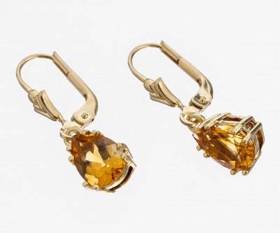 Image 26979815 - Paar 14 kt Gold Citrin-Ohrhänger, GG 585/000, bewegl. Abhängung mit facett. ...