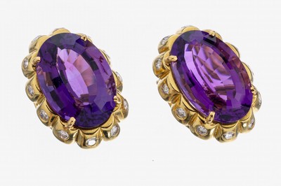Image 26979930 - Paar 14 kt Gold Amethyst-Brillant-Ohrclips, GG 585/000, 2 ovalfacett. Amethyste von ...