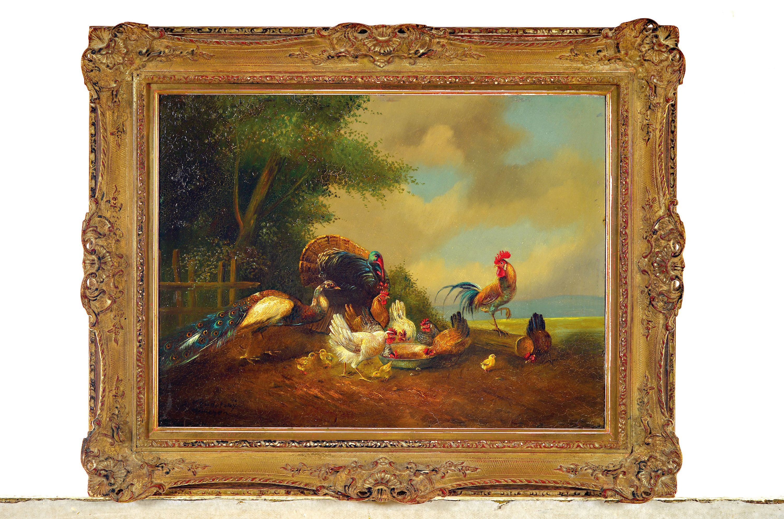 Detail k: Bogdan Kaudetzky, 1898-1964 München, Geflügel an der Tränke, Hühner, Pfau und Truthahn, links unten signiert, Öl/Masonit, 30x40 cm, Rahmen 42x52 ...